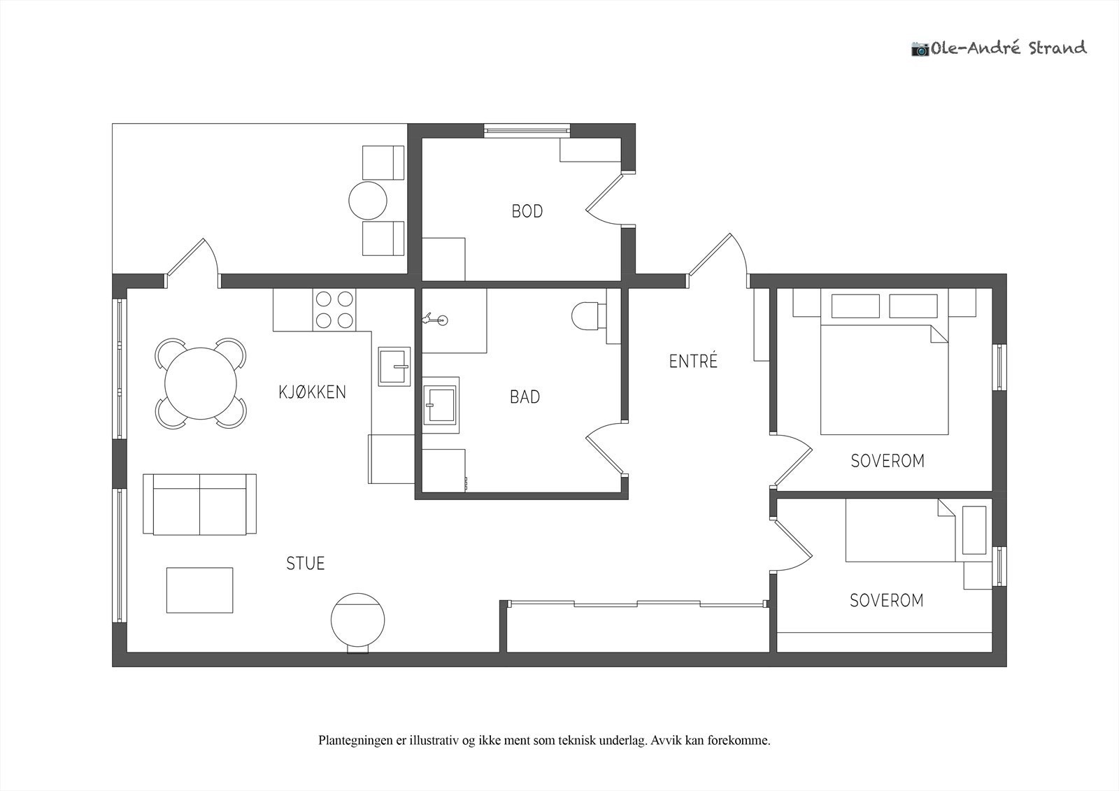 Boligen har en praktisk og gjennomført planløsning, bestående av åpen stue/kjøkkenløsning, 2 gode soverom, baderom og gang/entré. Galleribilde