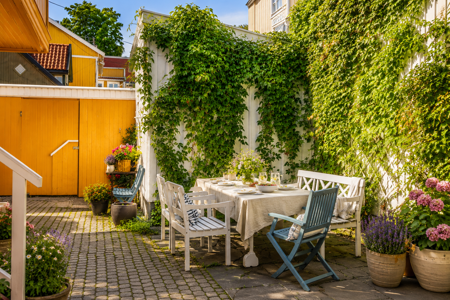 Det hyggelige felles gårdsrommet, klargjort for middag i grønne og lune omgivelser. Bildet er delvis redigert med KI Galleribilde