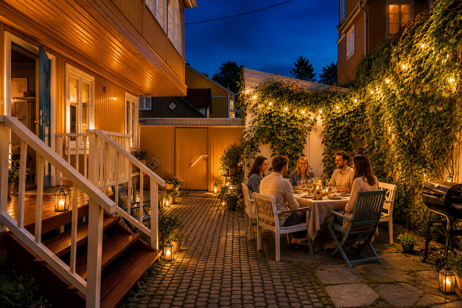 Velkommen til Langgata 9A - Presentert av Erik Høyem v/Nordvik Bolig. Bildet er redigert med KI og illustrerer hvordan bakgården kan oppleves på kveldstid Galleribilde