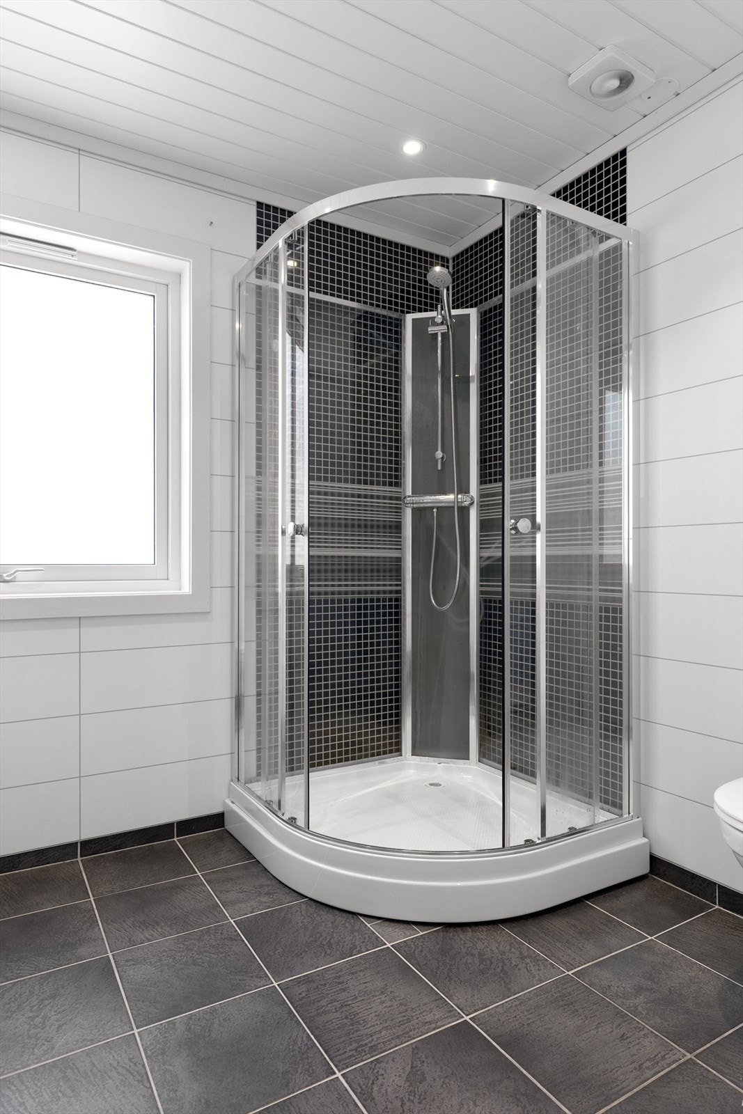 Et nyere dusjkabinett og veggmontert toalett kompletterer badet. Galleribilde