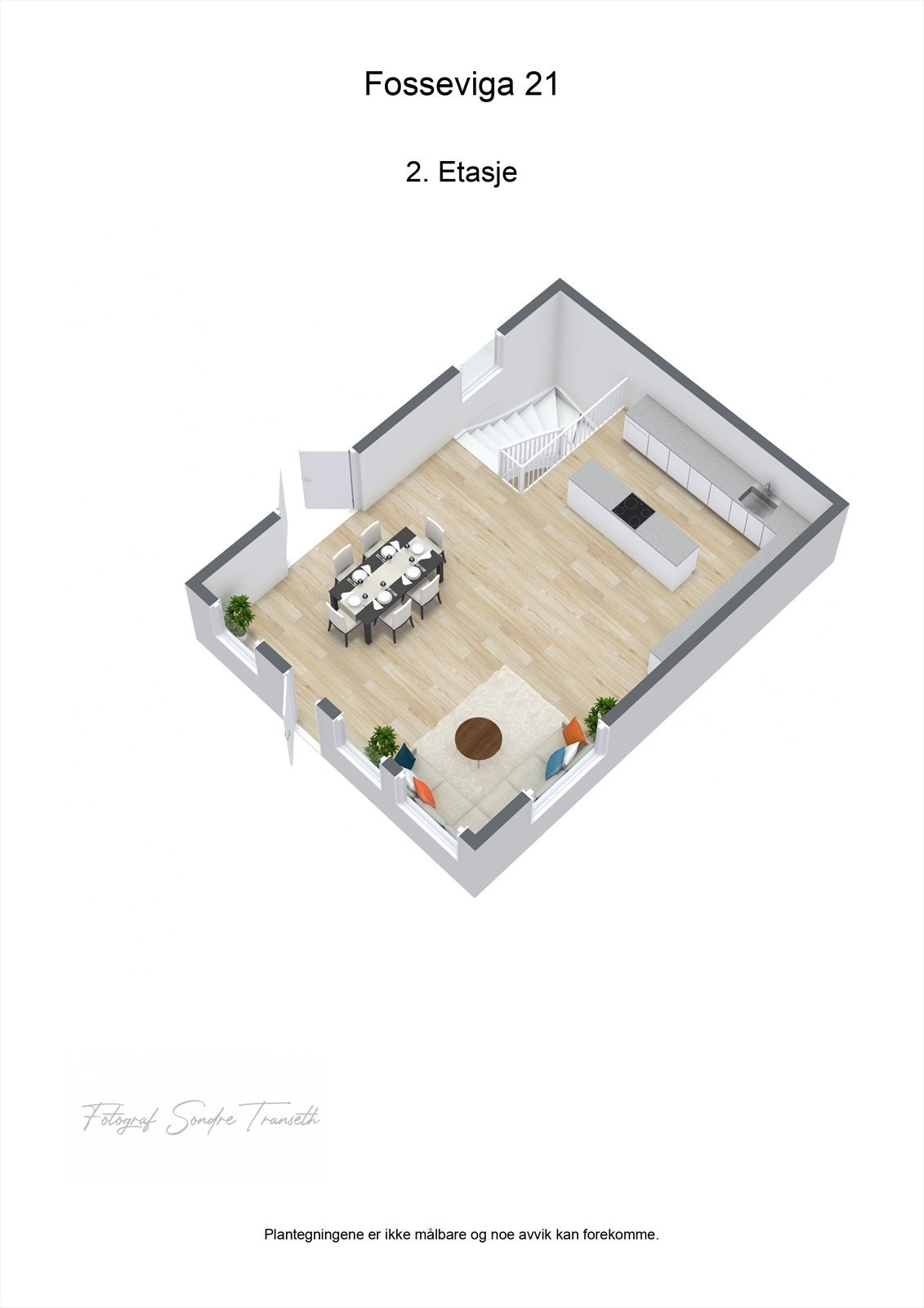 Planløsning øverste etasje: åpen stue/kjøkkenløsning med tilkomst til uteområde/terrasse, i tillegg til hems. Galleribilde