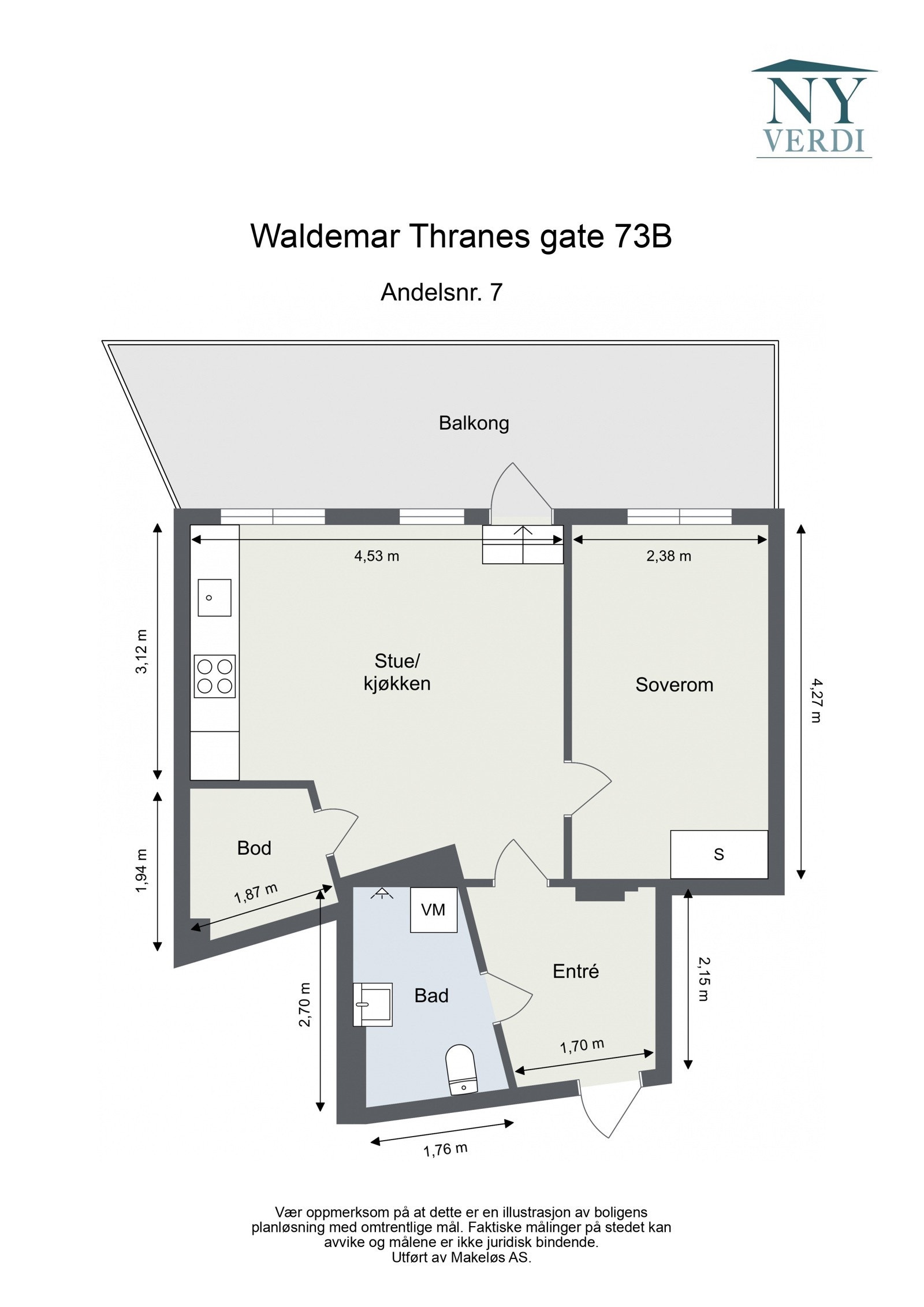 Plantegning 3. etasje. I tillegg disponerer leiligheten en bod på ca. 6m². Heis i bygget. Galleribilde