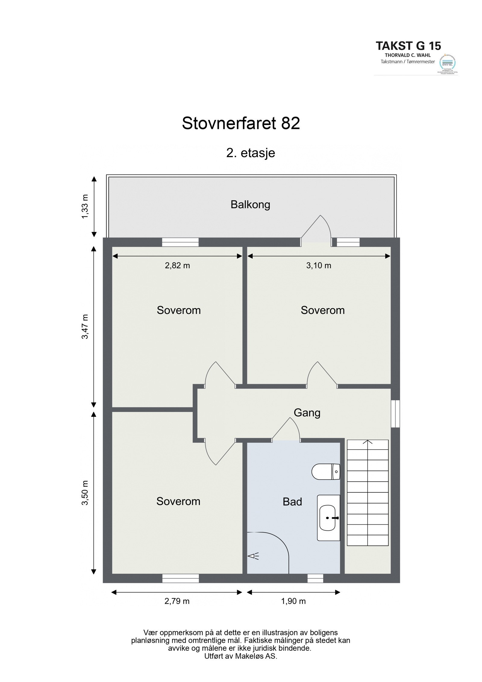 2. etasje inneholder: Trapperom, bad, 3 soverom, utgang fra soverom til stor balkong i hele husets bredde. Galleribilde
