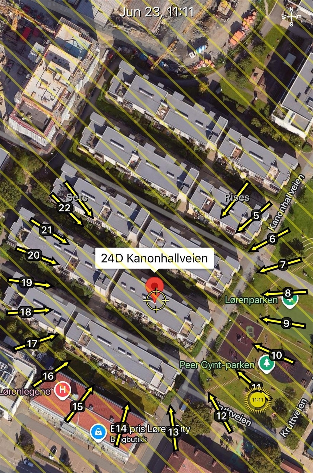 Solkart er kun ment som en illustrasjon over solforholdene midtsommers (23.6). Teknologien som brukes kan slå feil pga. kalibrering e.l. Solforhold må derfor også kontrolleres selv ved hjelp av kompass, kart eller egen app hvis dette er av betydning Galleribilde