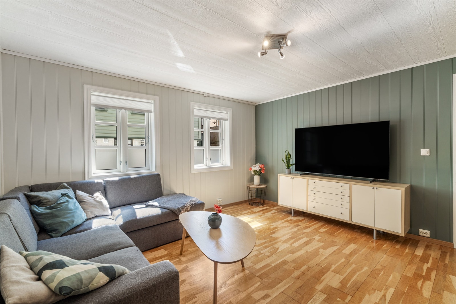 Stuen er av fin størrelse med plass til sofa, bord og tv møblement. Galleribilde