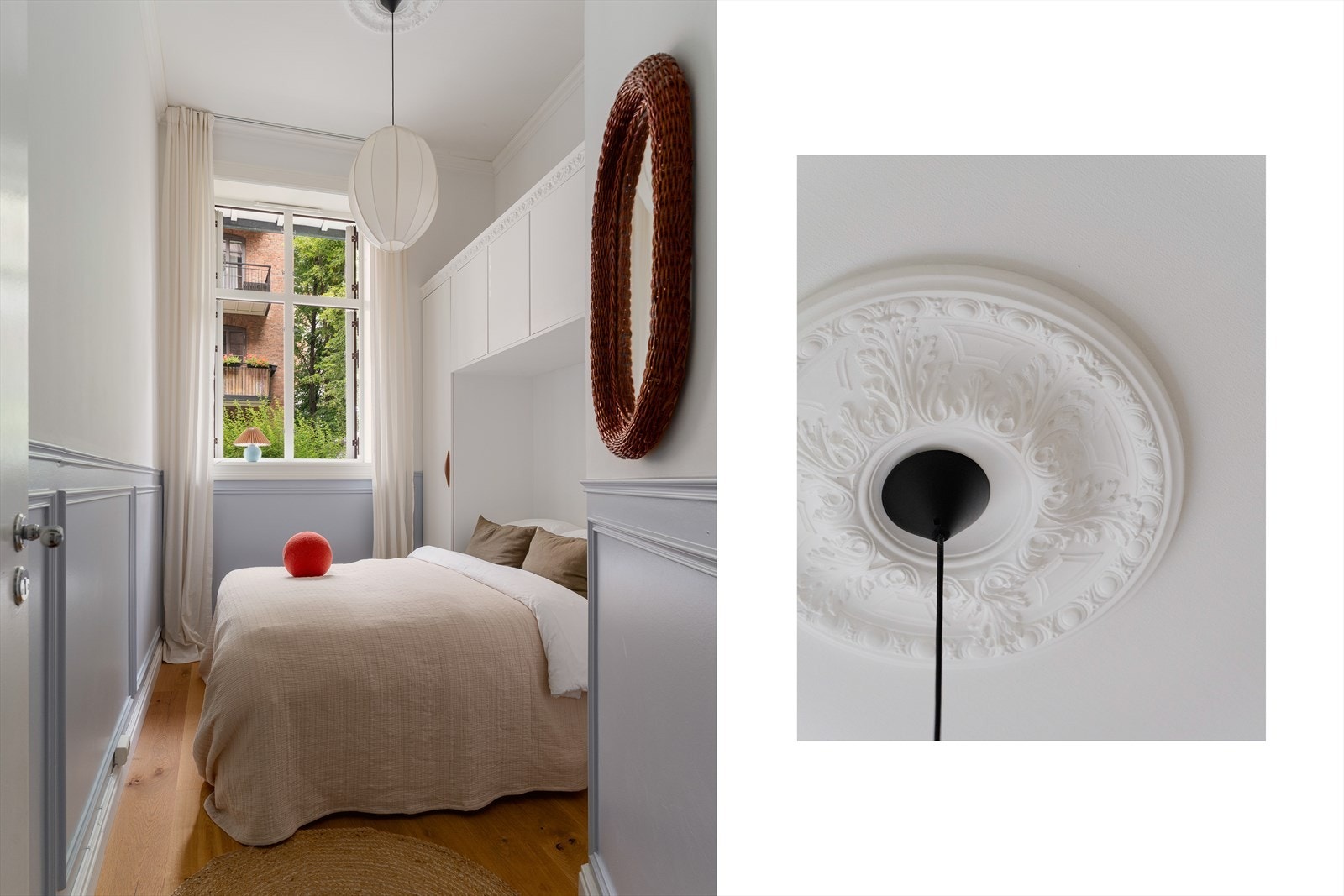 Romslig soverom som vender mot den stille bakgården. Her er det flotte og klassiske detaljer, som står i stil med resten av boligen. Galleribilde