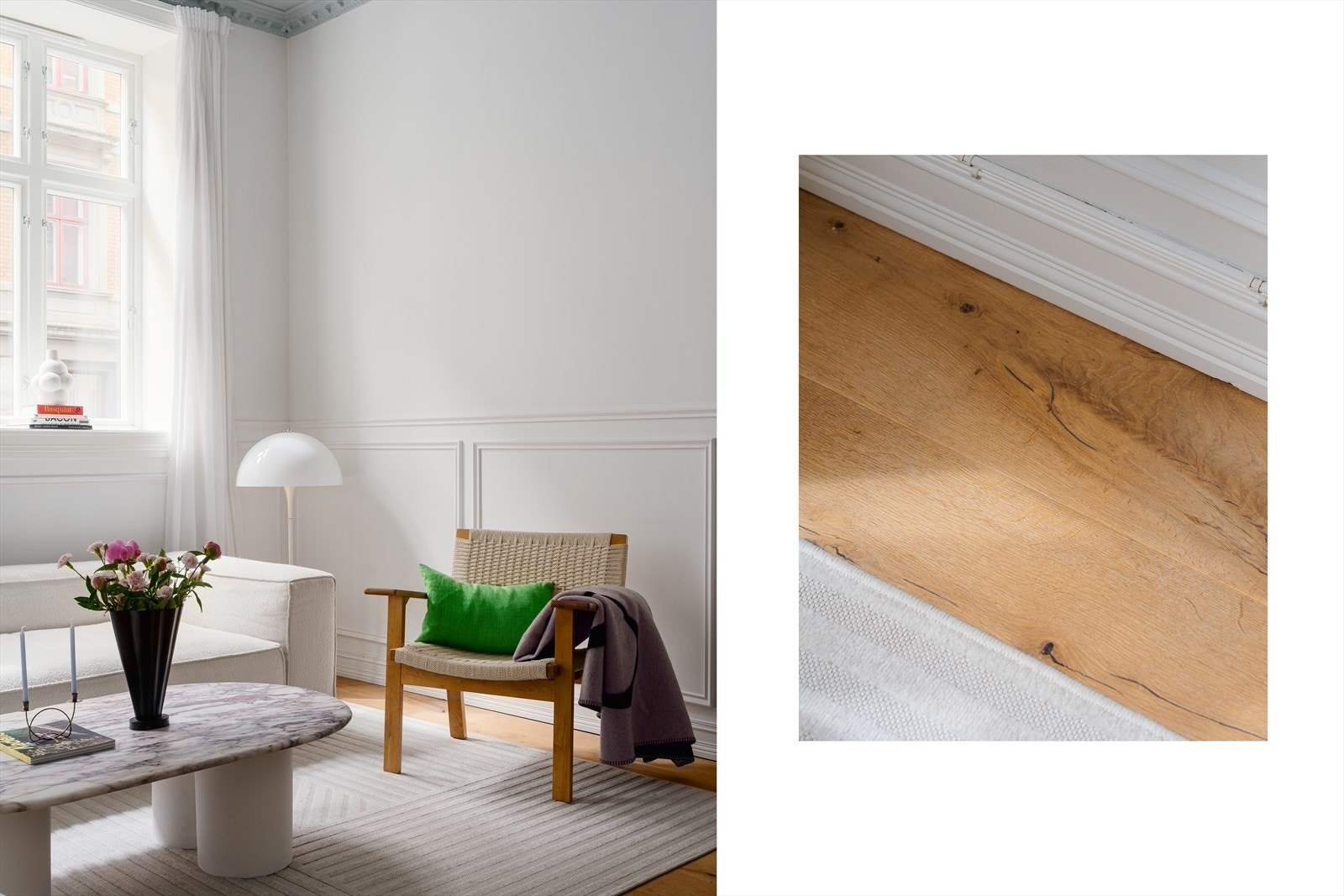 Det er delikate overflater med gjennomgående parkett på gulvet. Leiligheten ligger i en høy 1. etasje og oppleves usjenert grunnet de høye vinduene. Galleribilde