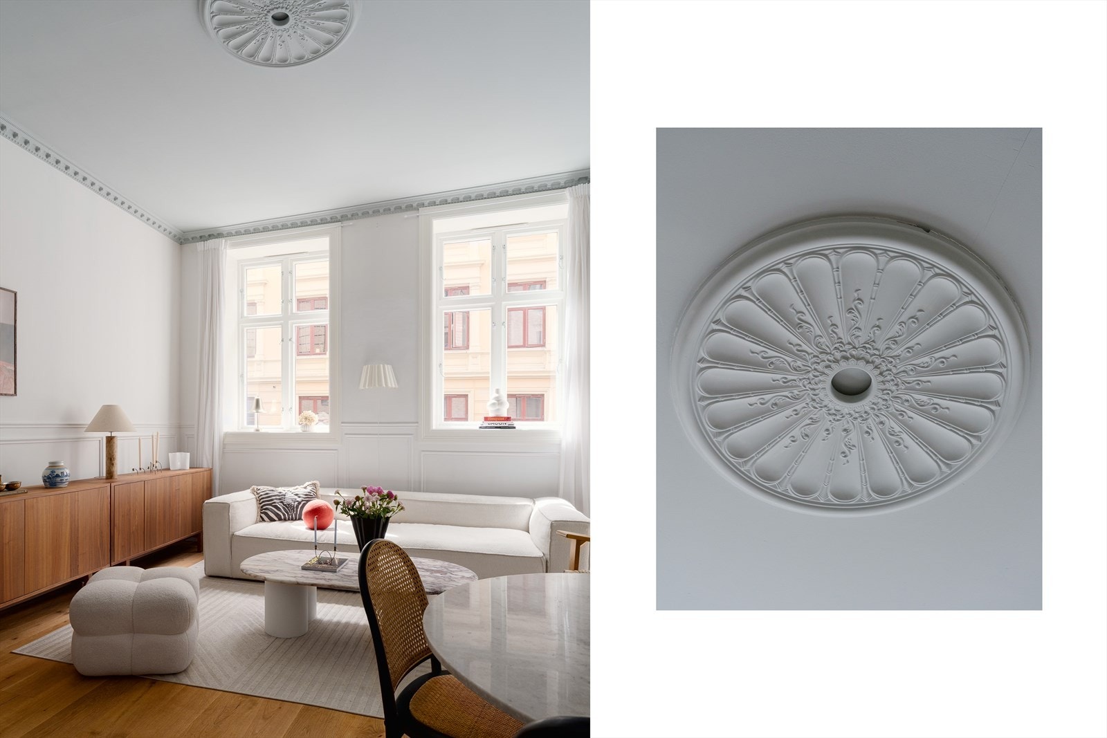 Takhøyde på 3,27 meter i stuen, store vinduer og klassiske detaljer som stukkatur og rosetter gir en sjelden romfølelse. Galleribilde