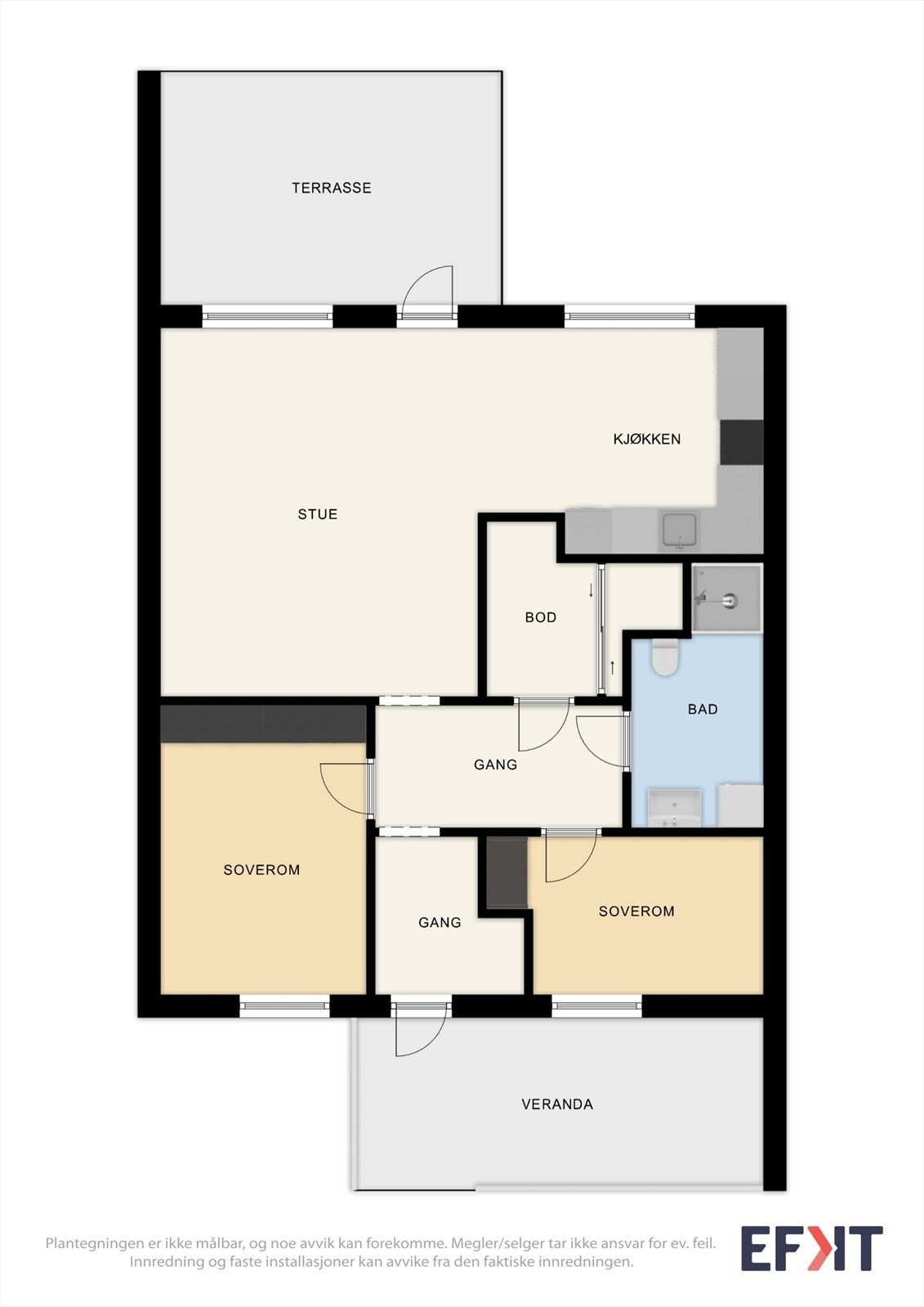 Leiligheten har en arealeffektiv planløsning på ett plan, med to soverom og utgang til to markterrasser. Galleribilde