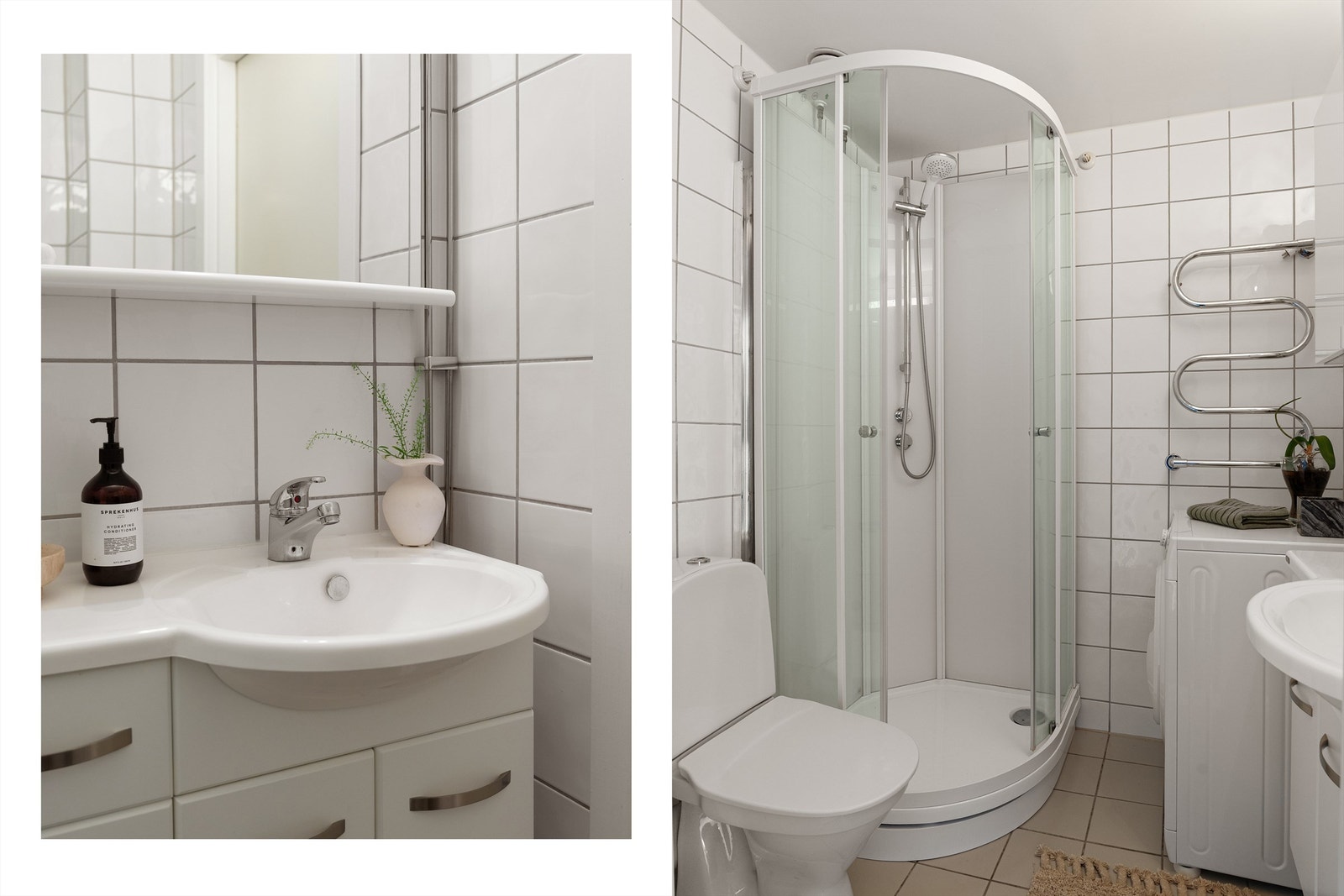 Badet er innredet med servant i heldekkende benkeplate med underskap, speil med lys over, opplegg for vaskemaskin (vaskemaskin medfølger) og wc. Det er nytt dusjkabinett fra 2024 og det er selvsagt varmekabler - perfekt for kalde morgener! Galleribilde