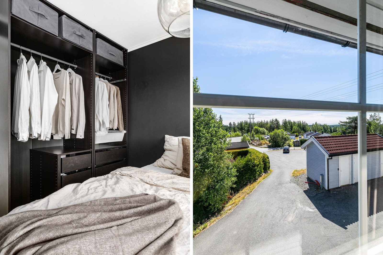 Åpen garderobe i serien Pax fra IKEA medfølger i hovedsoverommet. Gjennom vinduet sees like fin utsikt som på balkongen. Galleribilde