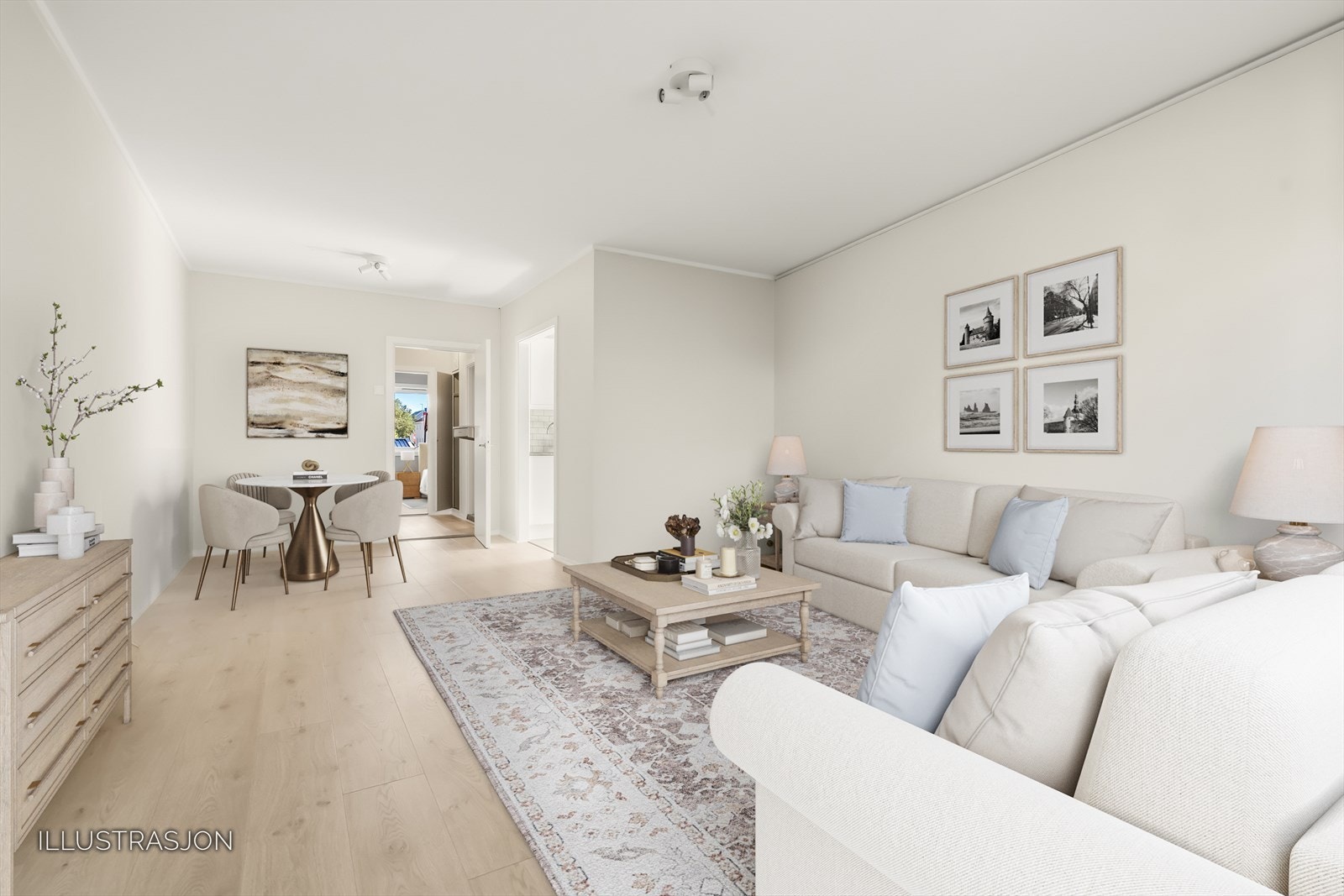 Stuen er lys og romslig, med god plass til en større sofagruppe og egen spisedel. (Digital-møblert) Galleribilde