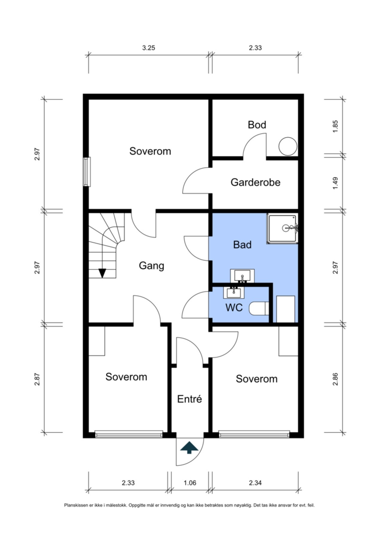 Første etasje med 3 soverom, bad, wc, gang, vindfang og garderoberom Galleribilde