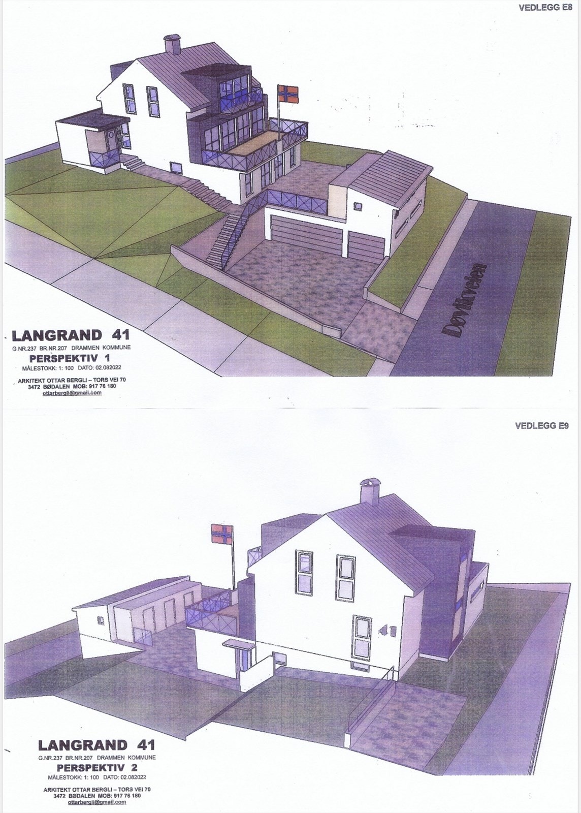 Arkitekttegninger på tiltenkt løsning på bolig med garasje. Galleribilde