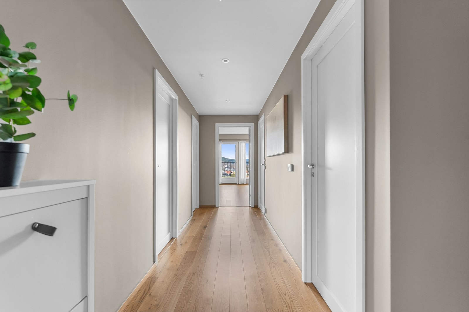Videre inn i entréen er rommene fordelt helt frem til boligens felles oppholdsrom - med en fantastisk utsikt! Galleribilde