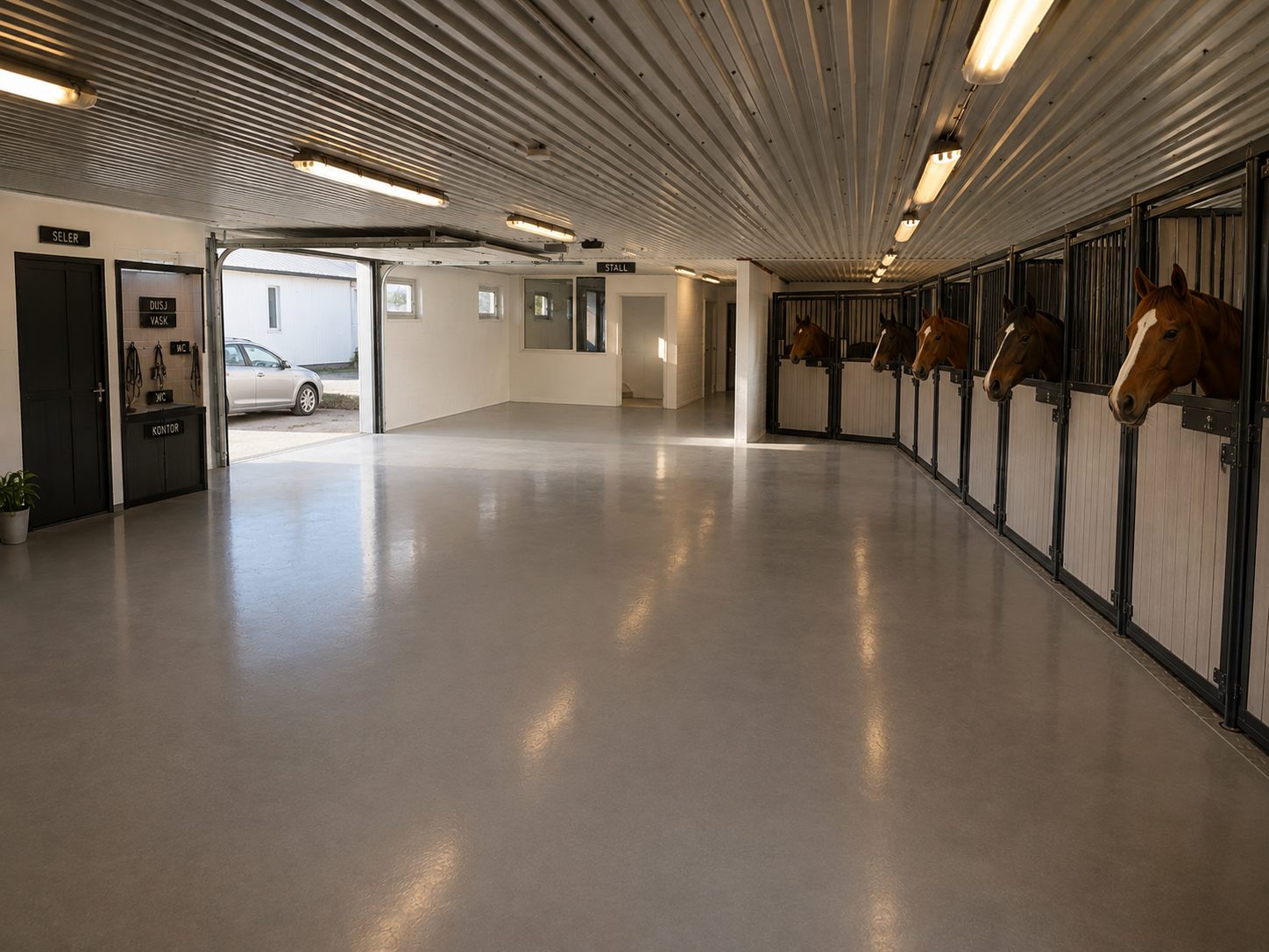Ai generert bilde som viser eksempel på ene siden av veggen med stallbokser. Galleribilde