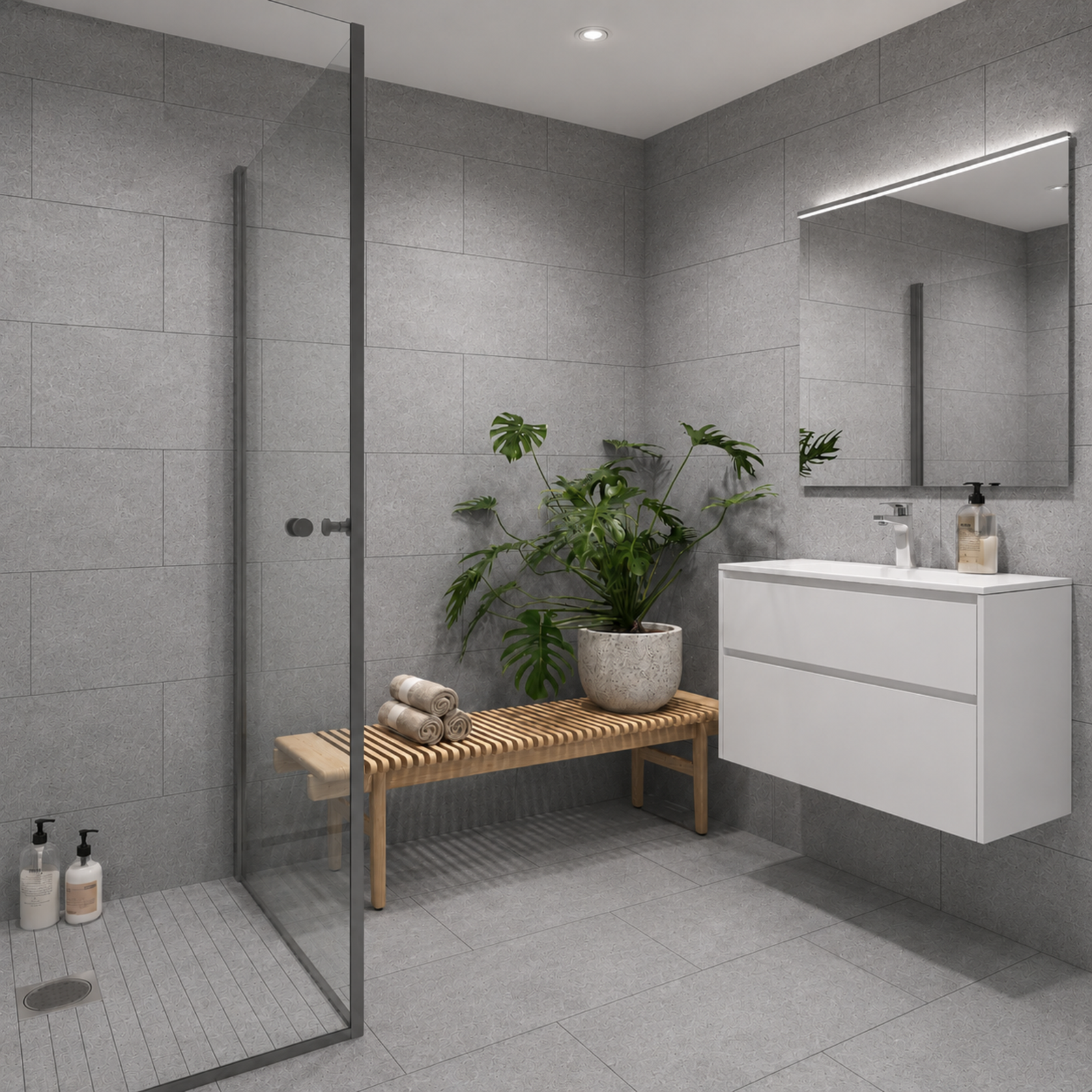 - Helfliset bad med Marazzi Factor Grigio-fliser i størrelse 30x60 cm på gulv/vegger, behagelig gulvvarme og dimbare LED-downlights i taket - Galleribilde