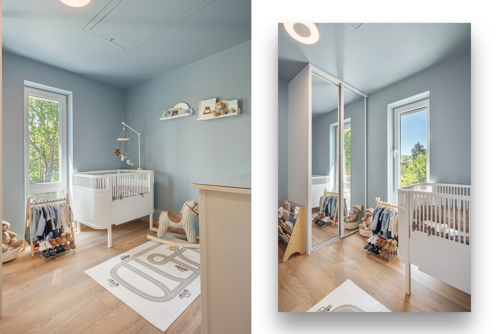Dagens barnerom er malt i en behagelig blåtone og har skyvedørsgarderobe. Soverommene mot hagen har montert screens for solskjerming. Galleribilde