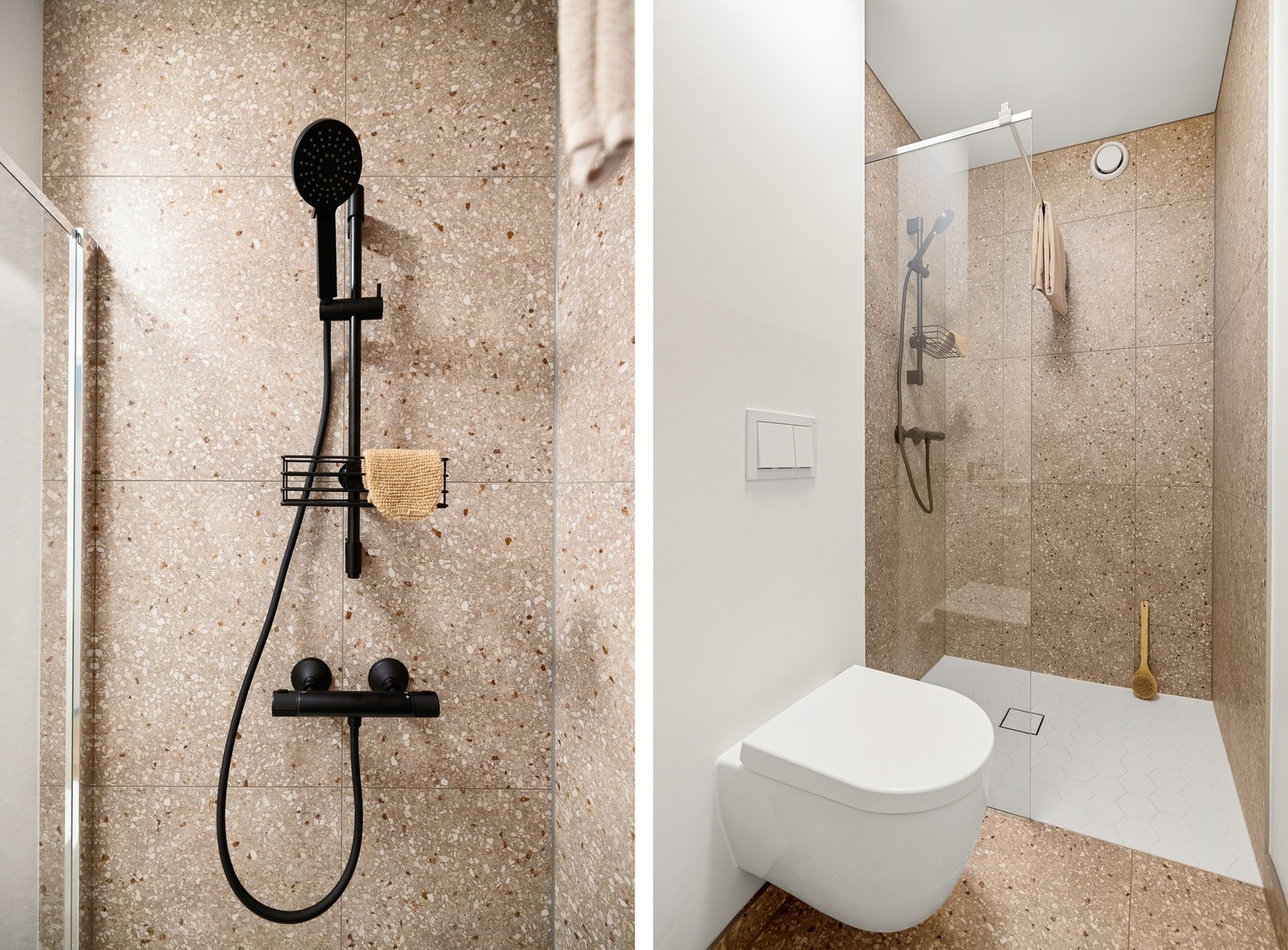 Badet er innredet med baderomsinnredning med nedfelt servant, vegghengt toalett og dusjsone. Galleribilde