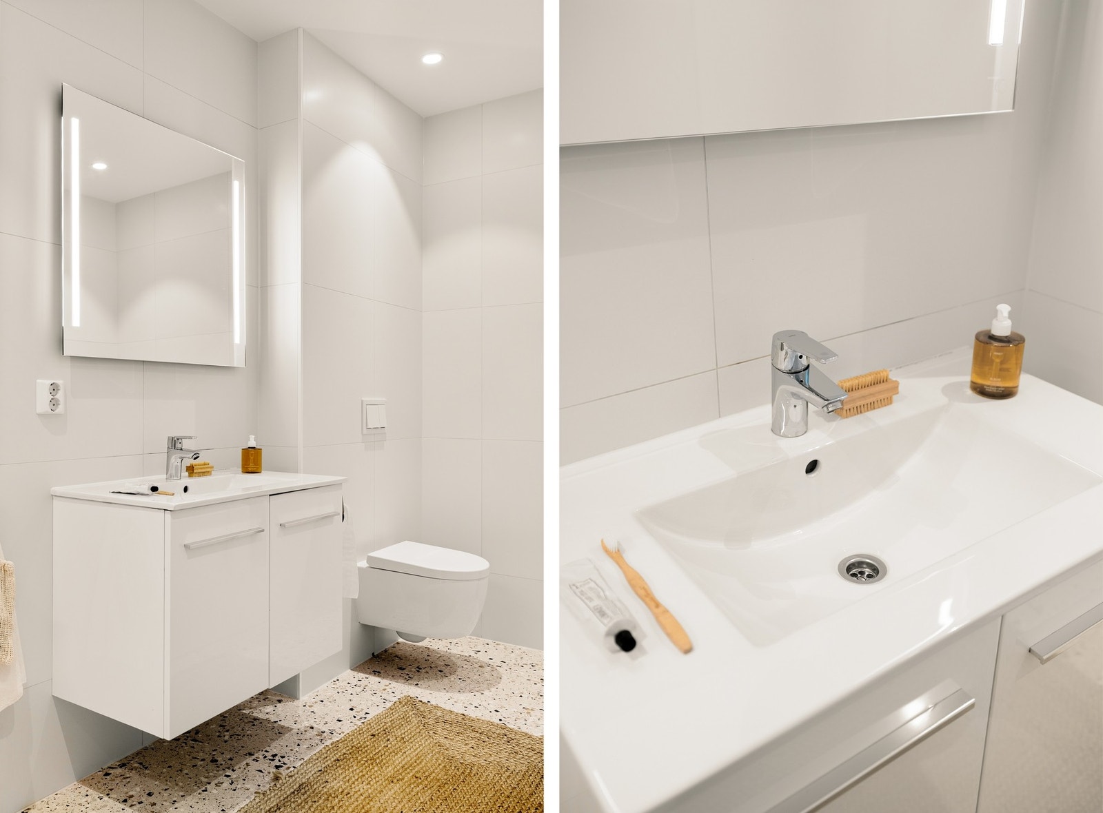 Badet er innredet med baderomsinnredning med nedfelt servant, vegghengt toalett, dusjnisje og badekar. Galleribilde