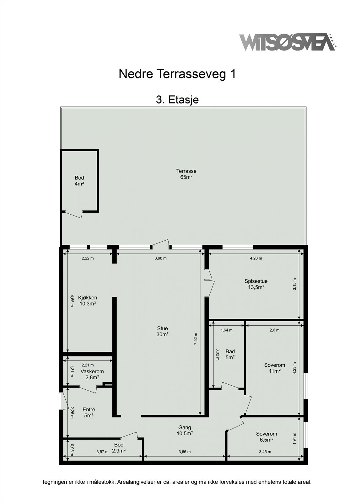 Planskisse. Leiligheten har en romslig utforming med en stor terrasse på 65 m², praktisk vaskerom, og en spisestue som kan omgjøres til et ekstra soverom. Galleribilde