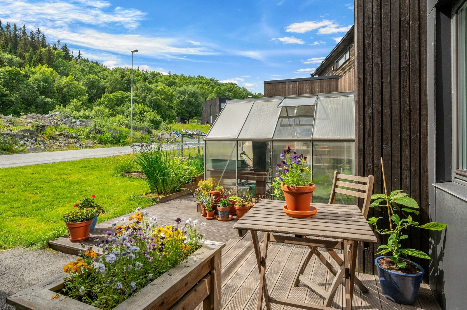 Pent opparbeidet inngangsparti med bl.a. sitteplass, beplantning og drivhus. Galleribilde