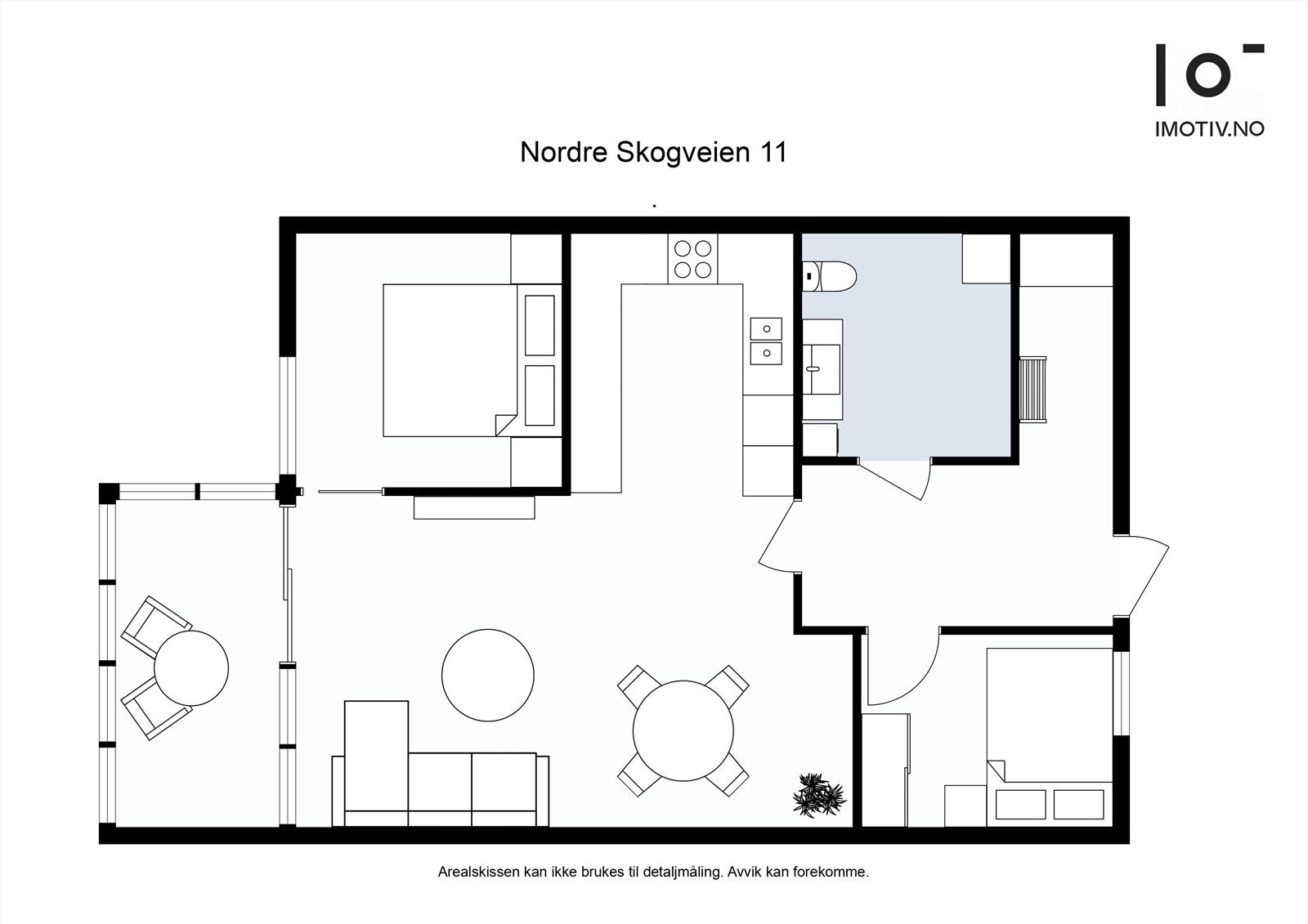 Leiligheten har en gjennomgående planløsning med to soverom og åpen stue- og kjøkkenløsning. Galleribilde