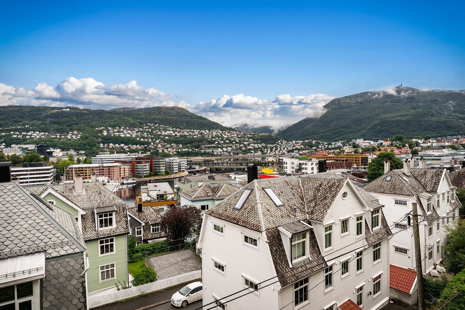 Fra leiligheten er det utsikt over nærområdet, Damsgårdssundet og byfjellene. Galleribilde