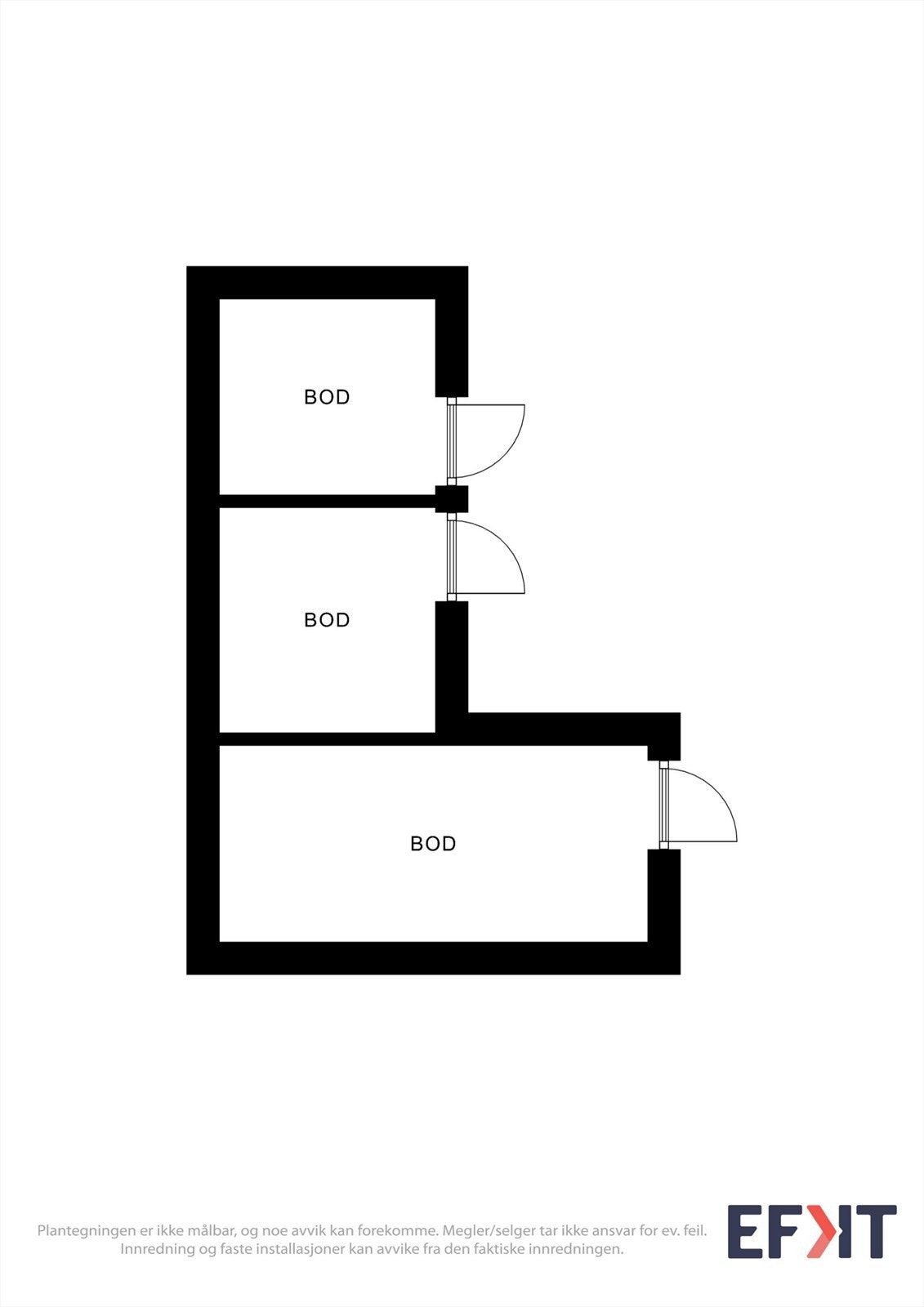 Planløsning for uthuset, har et samlet bruksareal på 13 m² fordelt på tre boder. Perfekt for diverse lagring. Galleribilde