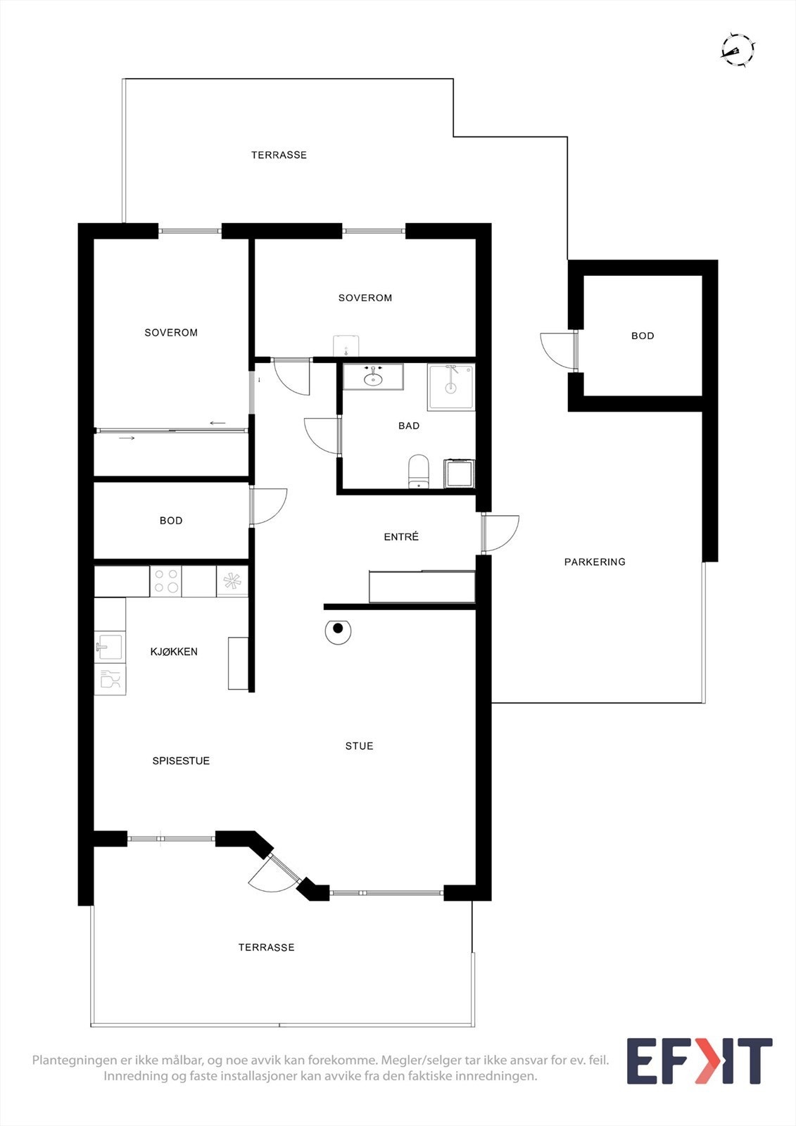Effektiv planløsning på ett plan med to soverom, åpen stue/kjøkken og carport. Galleribilde
