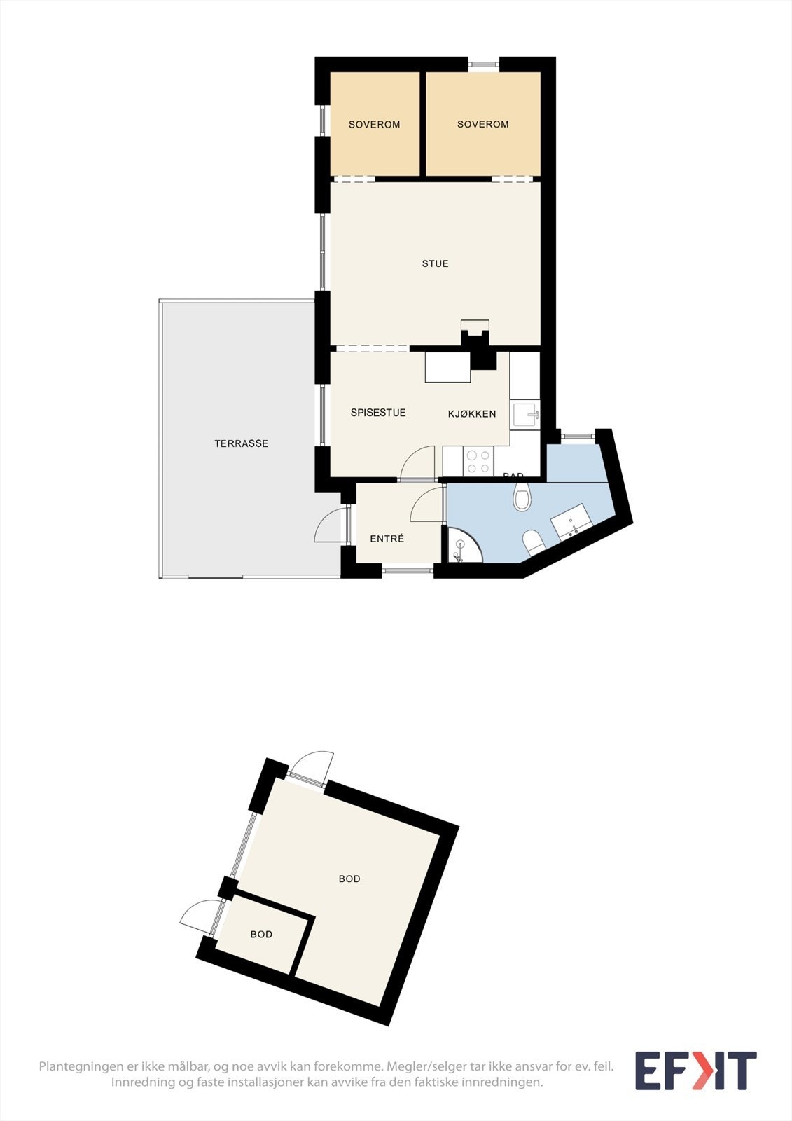 Hytta har en arealeffektiv planløsning med stue, kjøkken, to soverom og et moderne bad. Praktisk utebod/vedskjul. Galleribilde