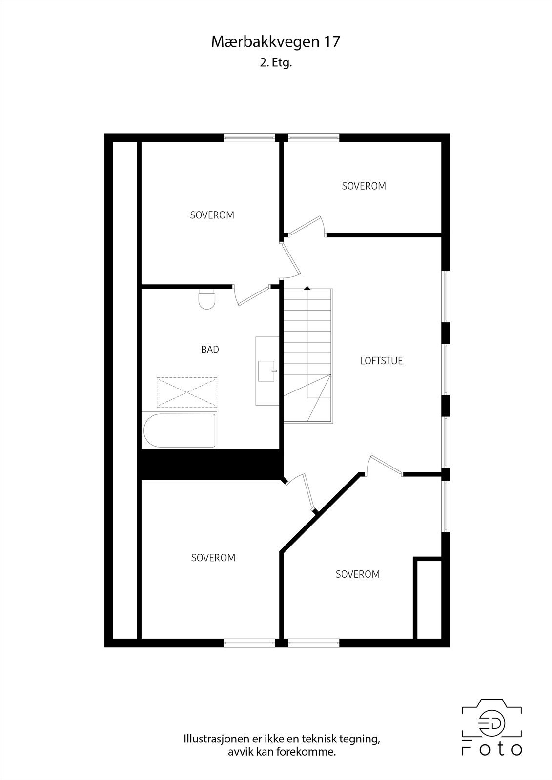 I andre etasje er det loftstue, bad og fire soverom. Galleribilde