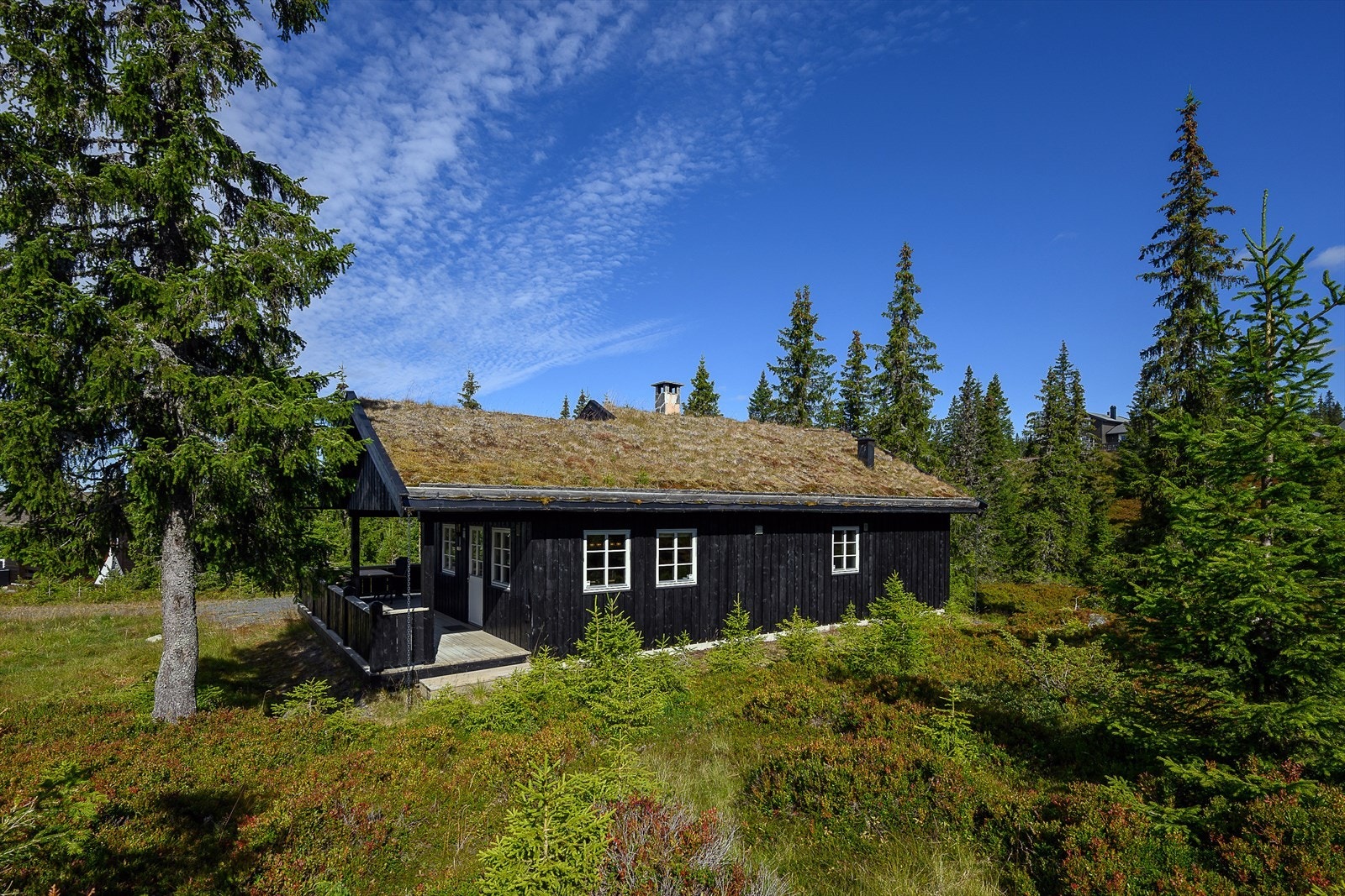 Hytta har en klassisk utforming med torvtak og mørkbeiset, stående panel. Galleribilde
