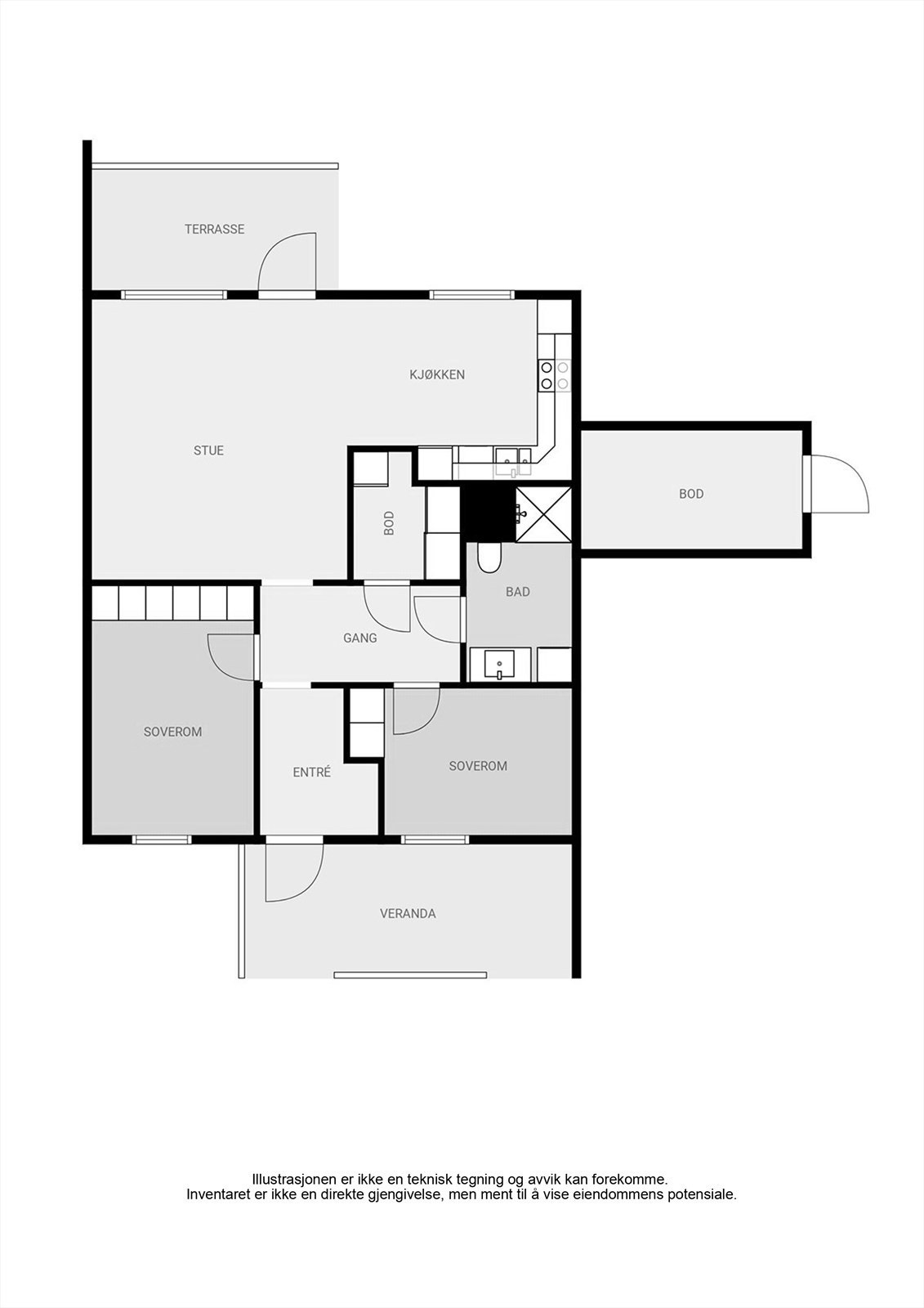 Effektiv og arealsmart planløsning på ett plan, med to soverom og åpen sone for stue og kjøkken. Galleribilde