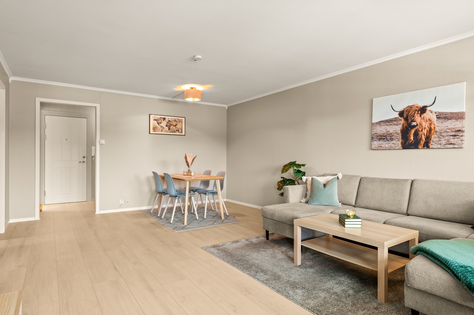 Gjennomgående laminat på gulv og malte plater i taket skaper et helhetlig inntrykk. Galleribilde