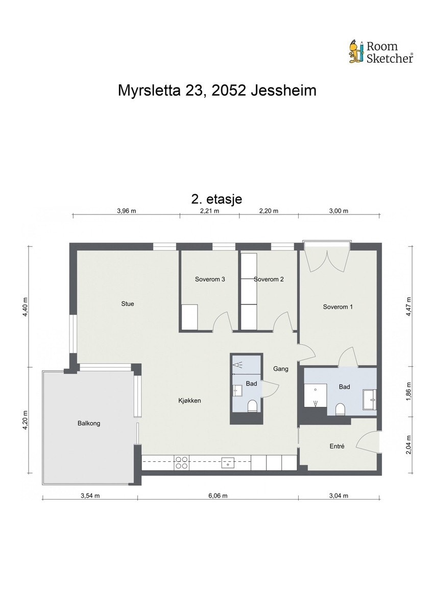 Innhold: Entré, 2 bad, 3 soverom og stue/kjøkken. Galleribilde