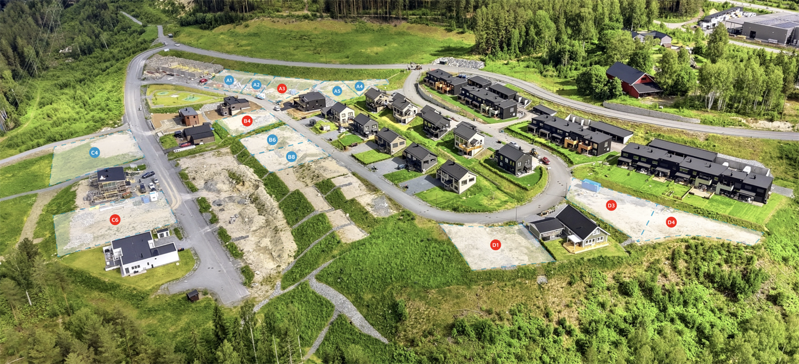 Tomteoversikt. Solgte tomter markert med rødt. Galleribilde