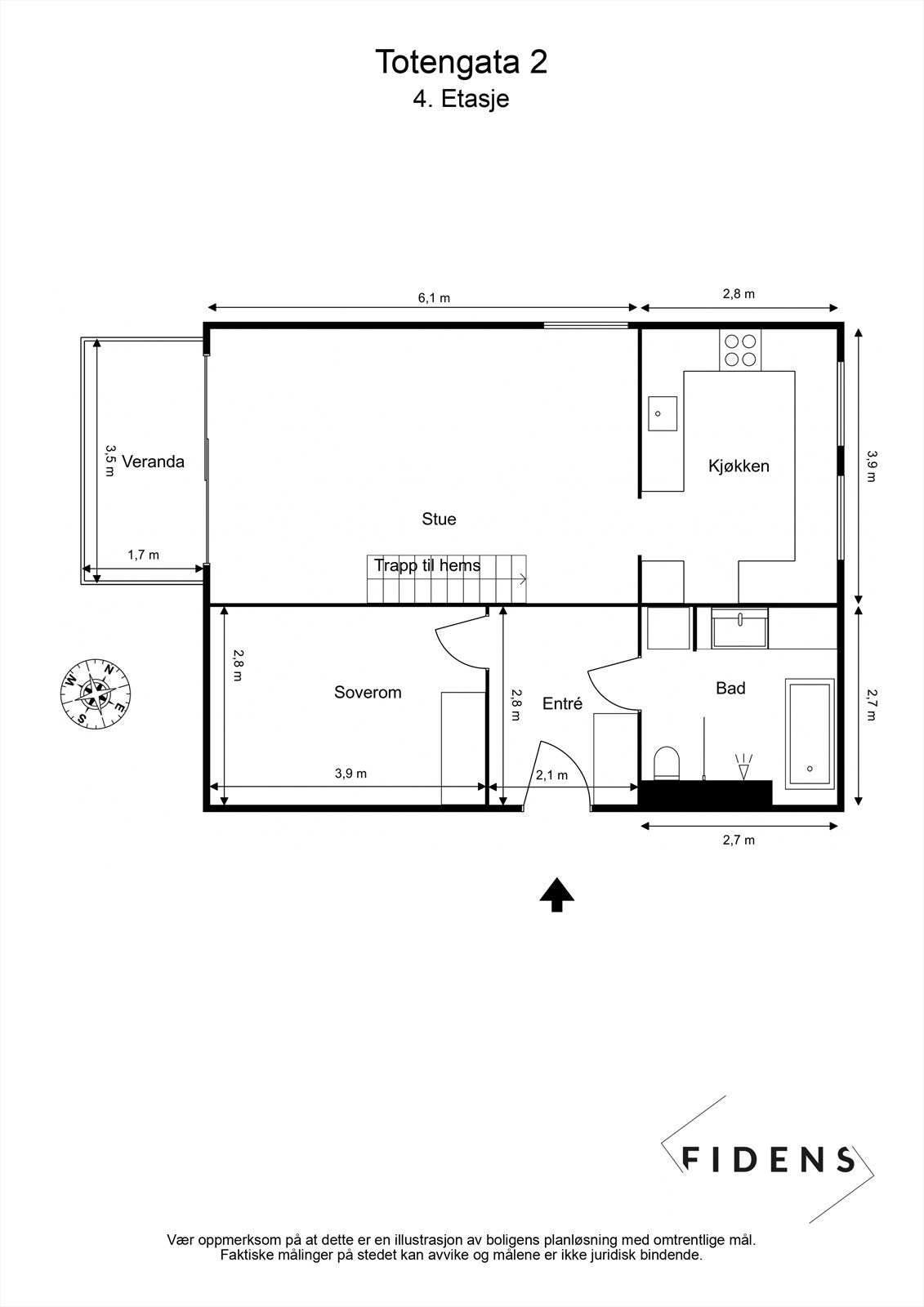 Leiligheten er på 57 m² og består av entré, stue, hems, kjøkken, soverom og bad Galleribilde