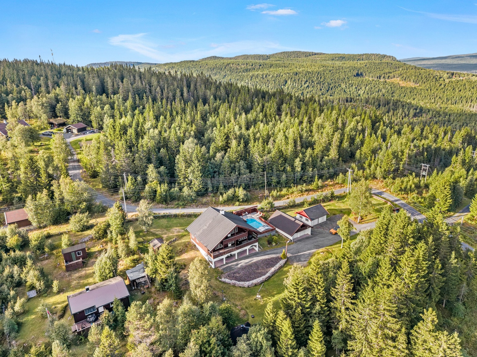 Alt i alt får man uteområder med uvanlig god plass og mange forskjellige soner, fra bading og soling ved bassenget, til lange middager ved utepeisen, lek på plenen eller hyggelige kvelder i grillhytta. Galleribilde