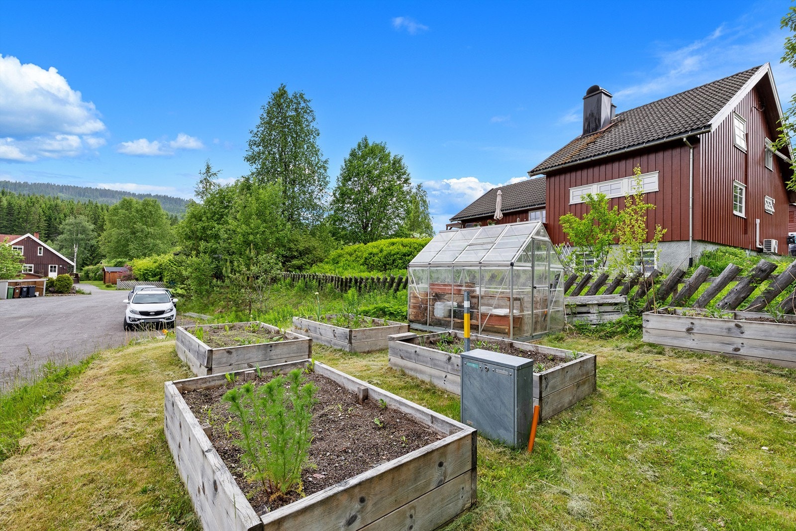 Grønnsakshage med poteter, erter, gulrøtter samt drivhus med urter, salat, tomat, paprika og agurk. Drivhus medfølger. Galleribilde