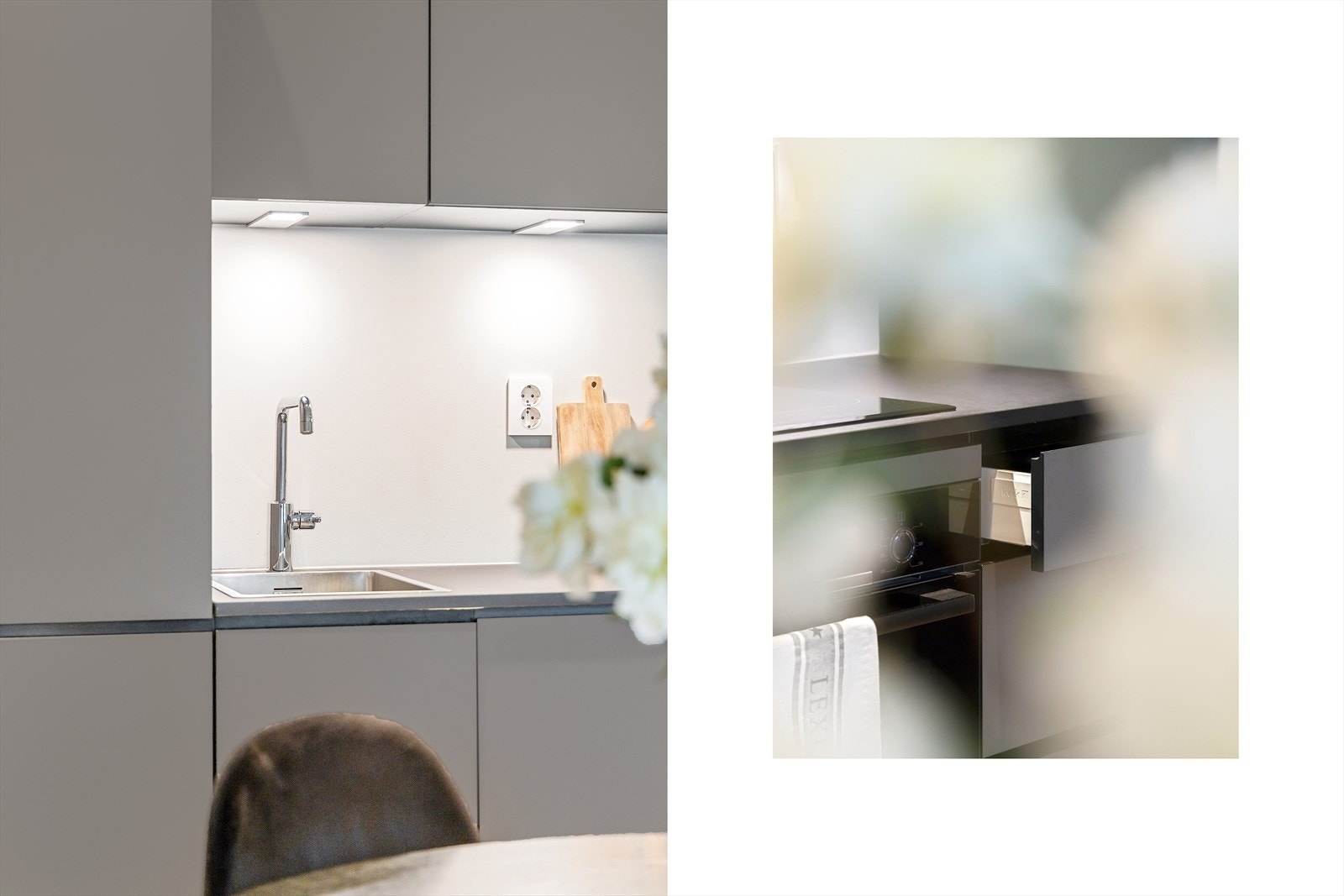 Moderne Kvik-kjøkkeninnredning fra 2020 bestående av glatte fronter og laminat benkeplate med nedfelt kum i rustfritt stål. Galleribilde
