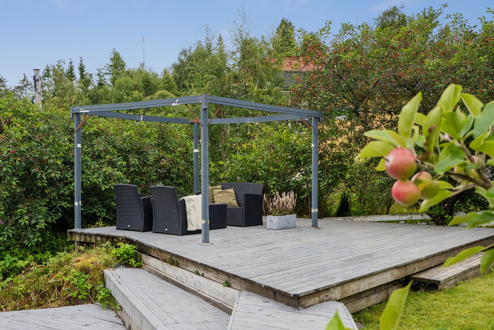 Frodig hage med diverse beplantning bidrar til et trivelig uteområde. Galleribilde