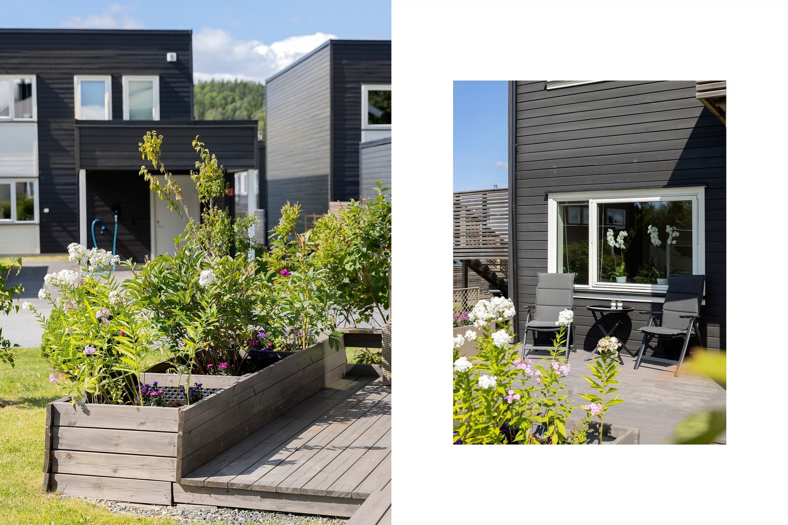 Uteområdet er pent opparbeidet med plen, beplantning og blomsterkasser. Galleribilde