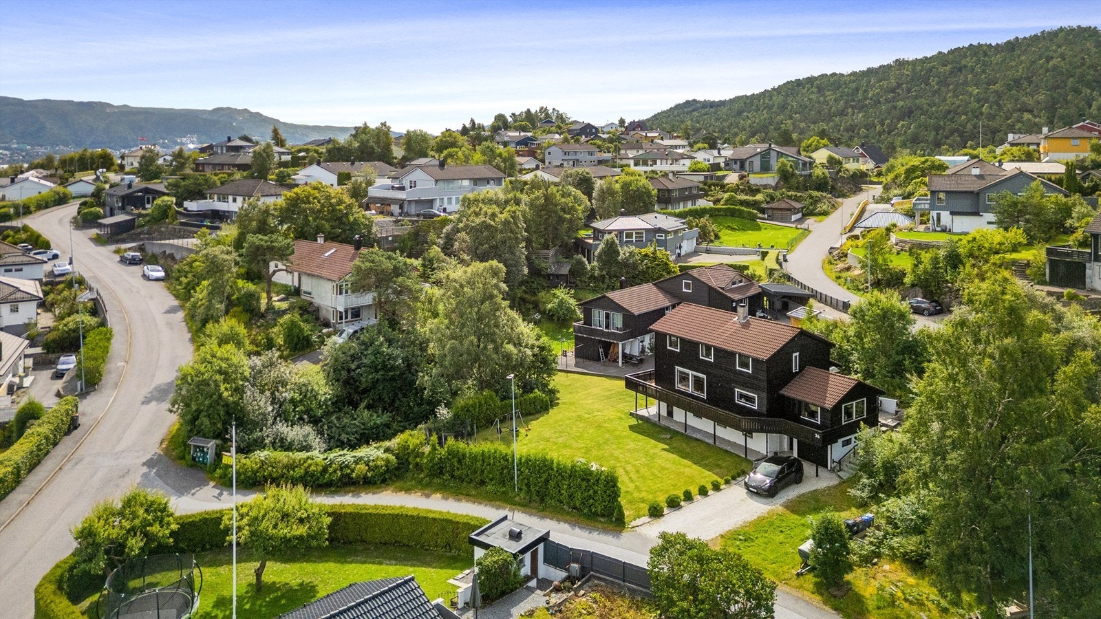 Oversikt over nabolaget med eneboliger og grøntområder. Galleribilde