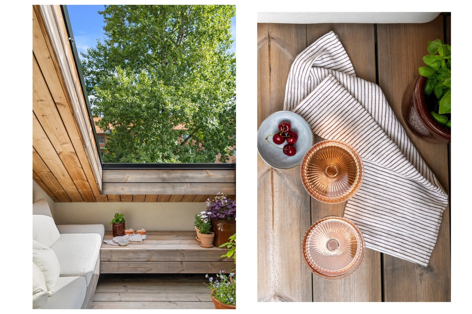 Takterrassen er skjermet og lun, med terrassegulv, panelkledd tak og lysmalte murvegger. Galleribilde