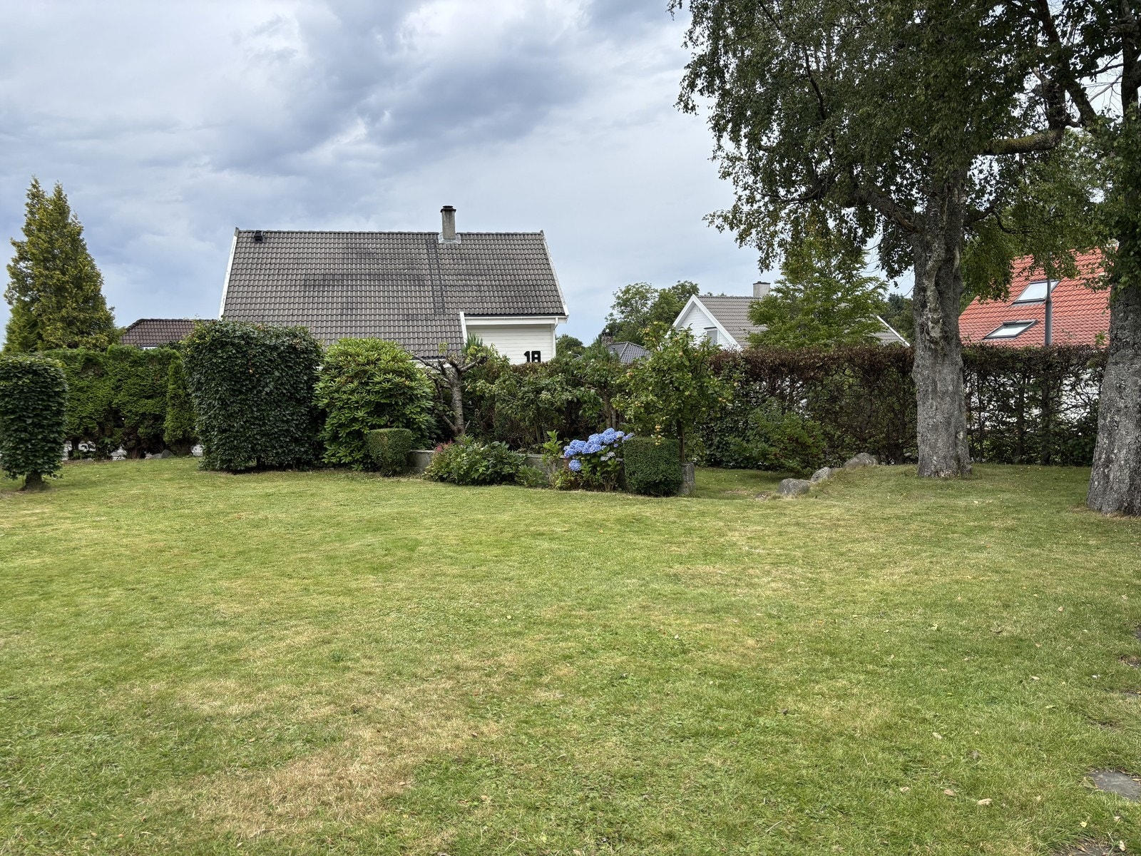 Hage med blomsterbed og frukttrær. Galleribilde