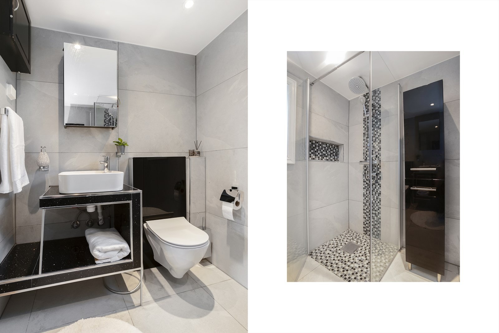 Badet i 2. etasje ble pusset opp i 2022, med flislagte overflater, gulvvarme og integrert dusjsone med glassdør. Galleribilde