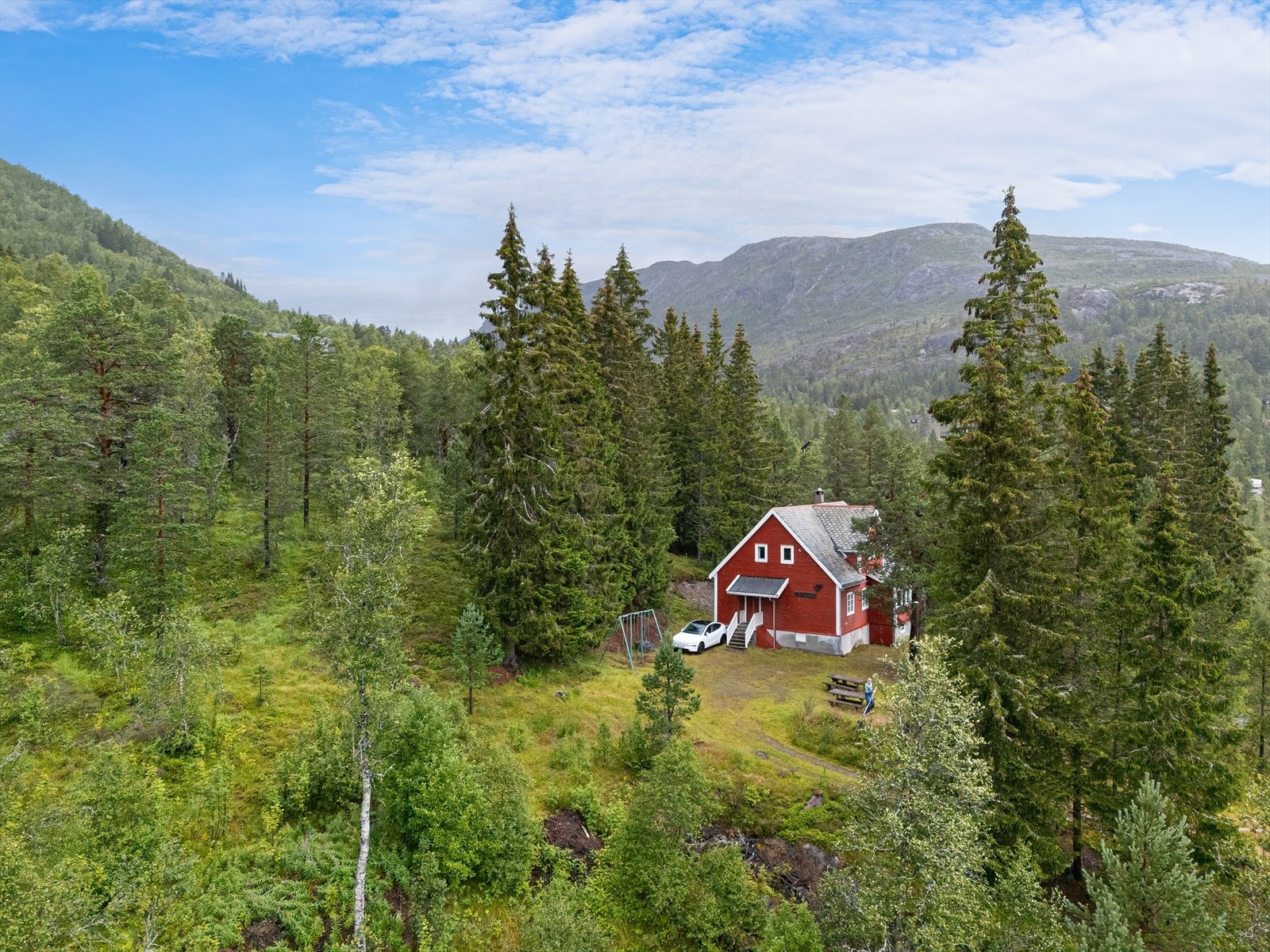 Naturtomt som er flat og opparbeidet rundt hytta. Galleribilde