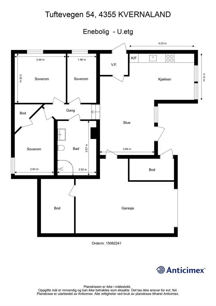 Inkludert utvendig bod. Ikke inkludert bod og garasje. Plantegning viser dør fra garasje og inn til stuen, men denne er fjernet. Galleribilde