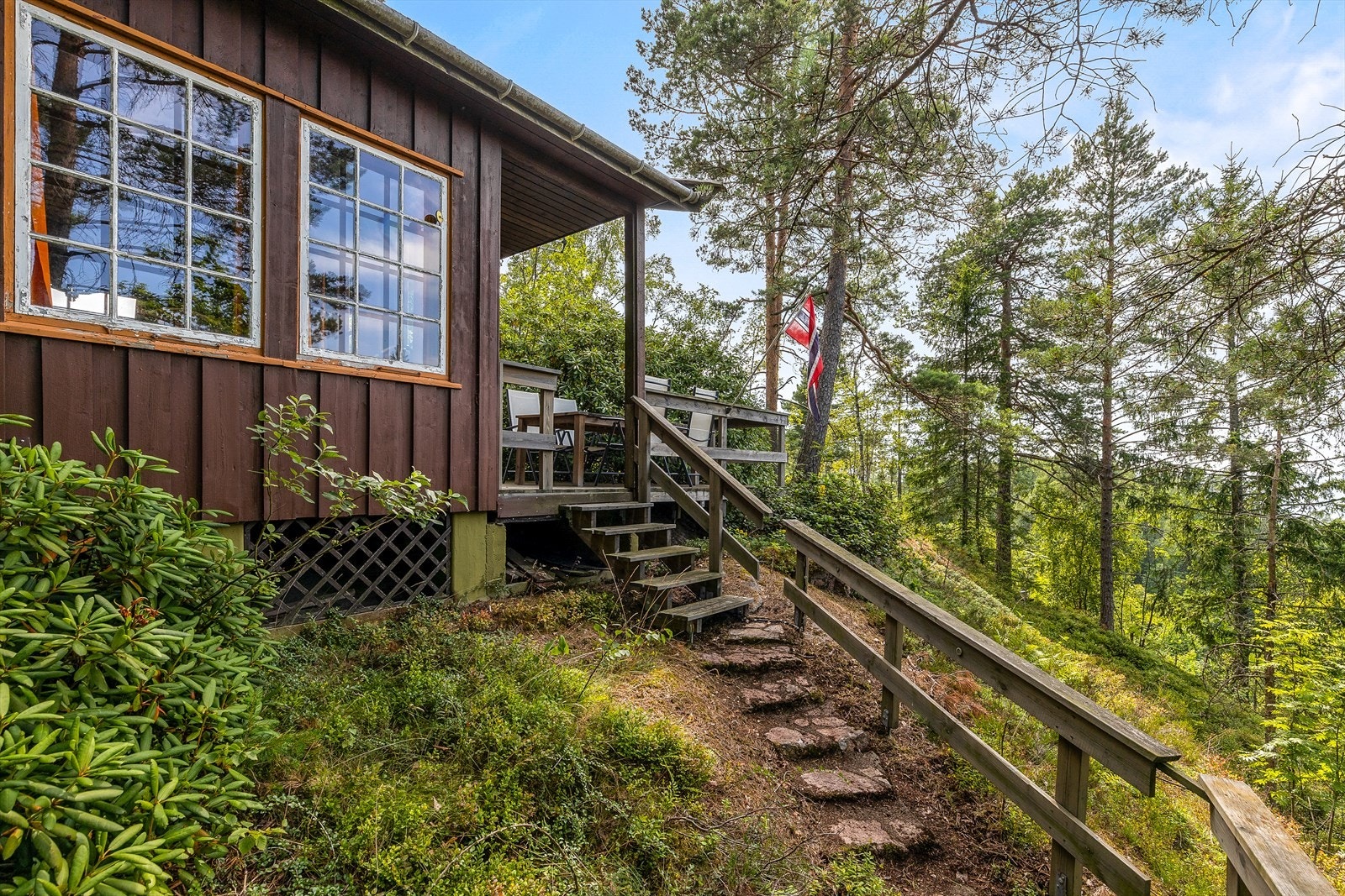 Hytta ligger i et skrånende skogsterreng og er fundamentert på fjell. Galleribilde